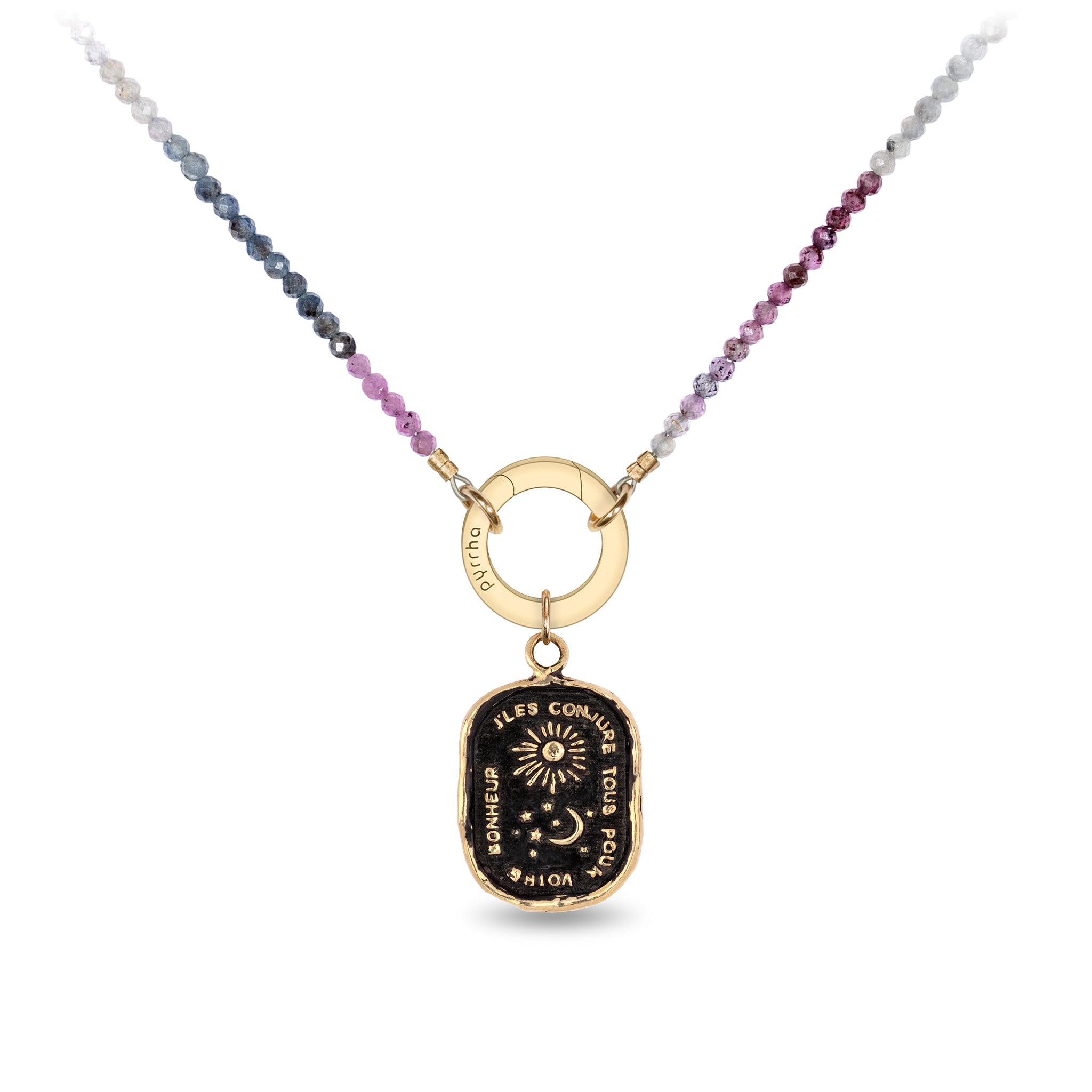 Pink and Teal Sapphire 14K Gold Faceted Stone Choker with Talisman Clip