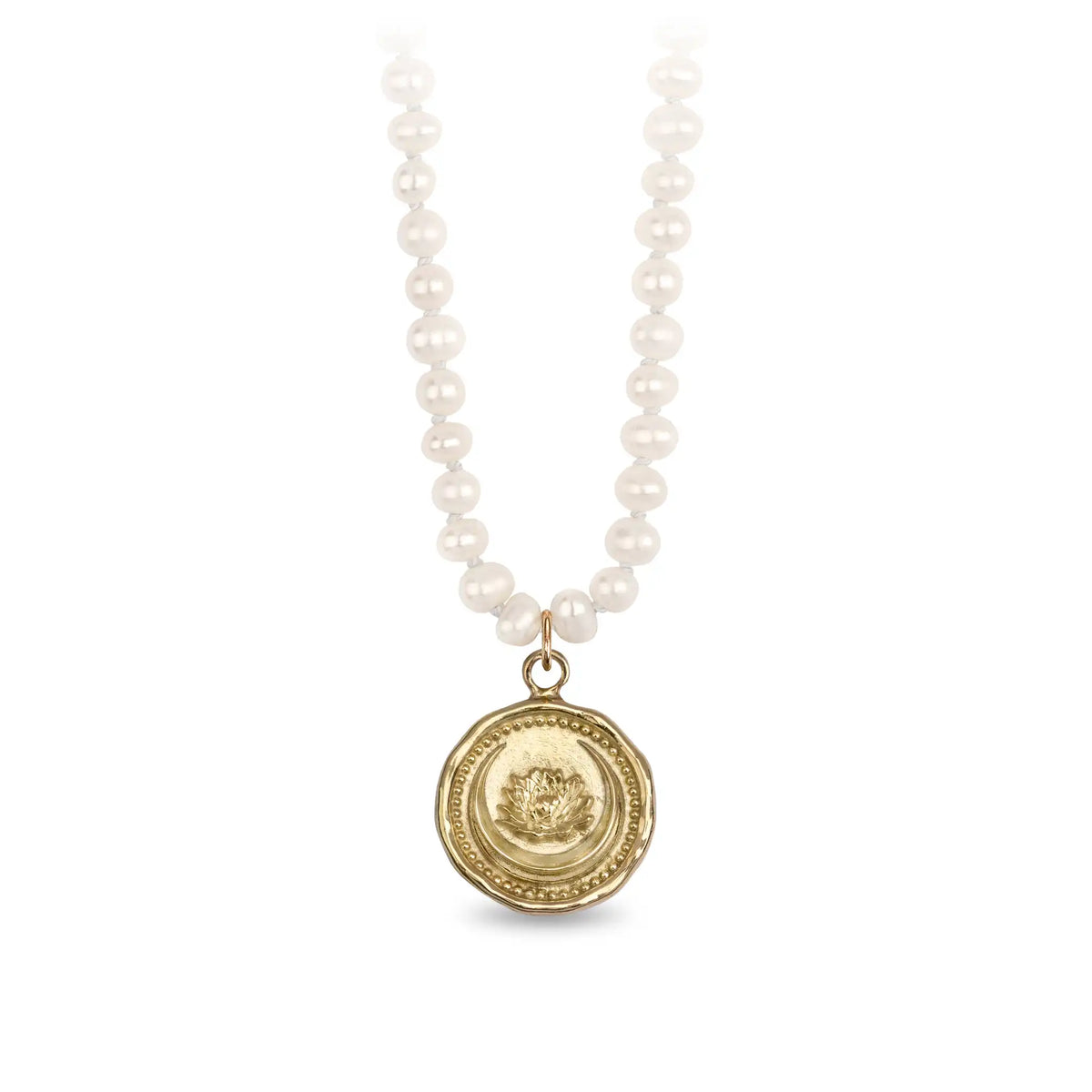 Lotus Flower 14K Gold Talisman - Unveiled on Knotted Freshwater Pearl Necklace