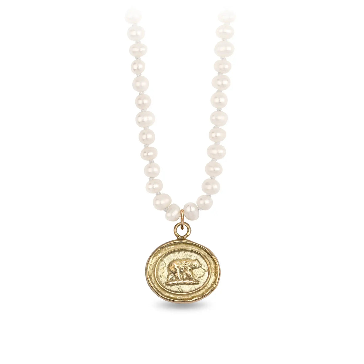 Mother Bear 14K Gold Talisman - Unveiled on Knotted Freshwater Pearl Necklace
