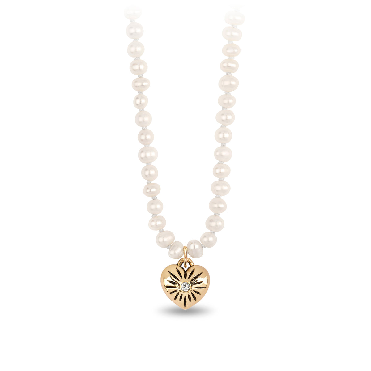 Small 14K Gold Puffed Heart Diamond Set Talisman On Knotted Freshwater Pearl Necklace