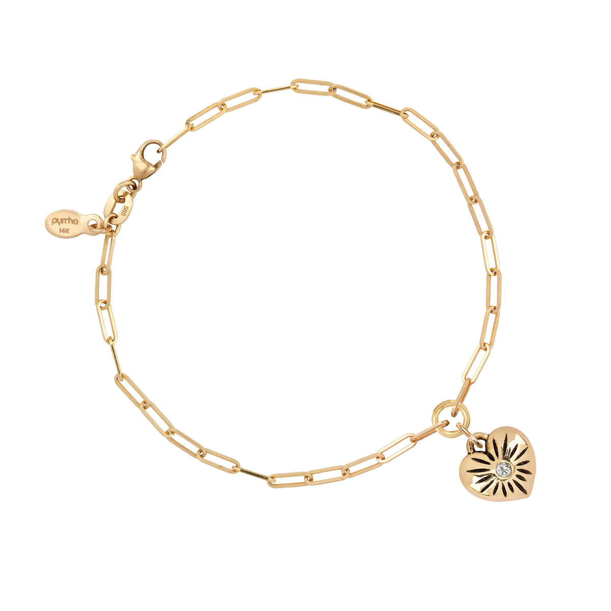 Small 14K Gold Puffed Heart Diamond Set Long Link Paperclip Chain Bracelet