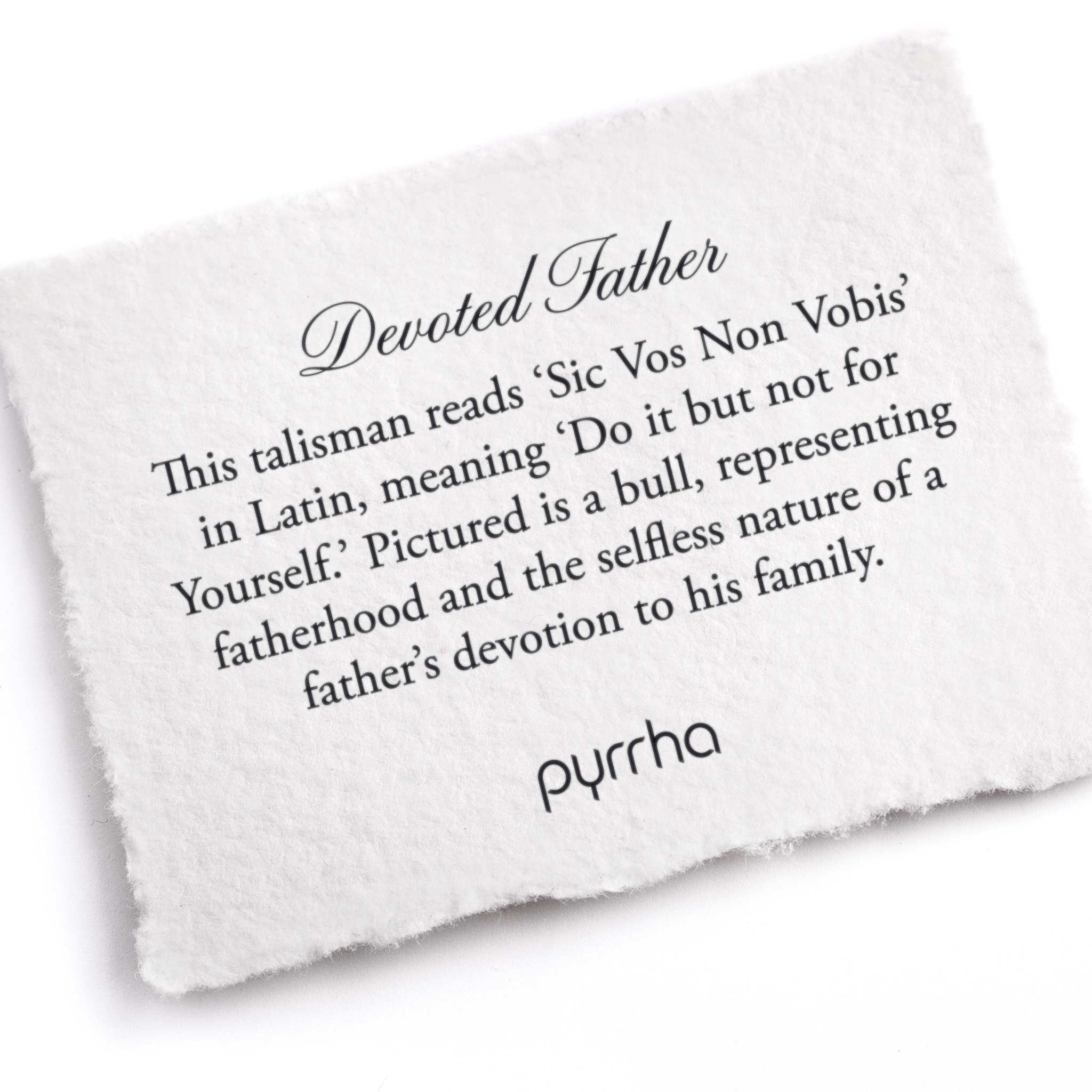 A hand-torn, letterpress printed card describing the meaning for Pyrrha's Devoted Father Talisman