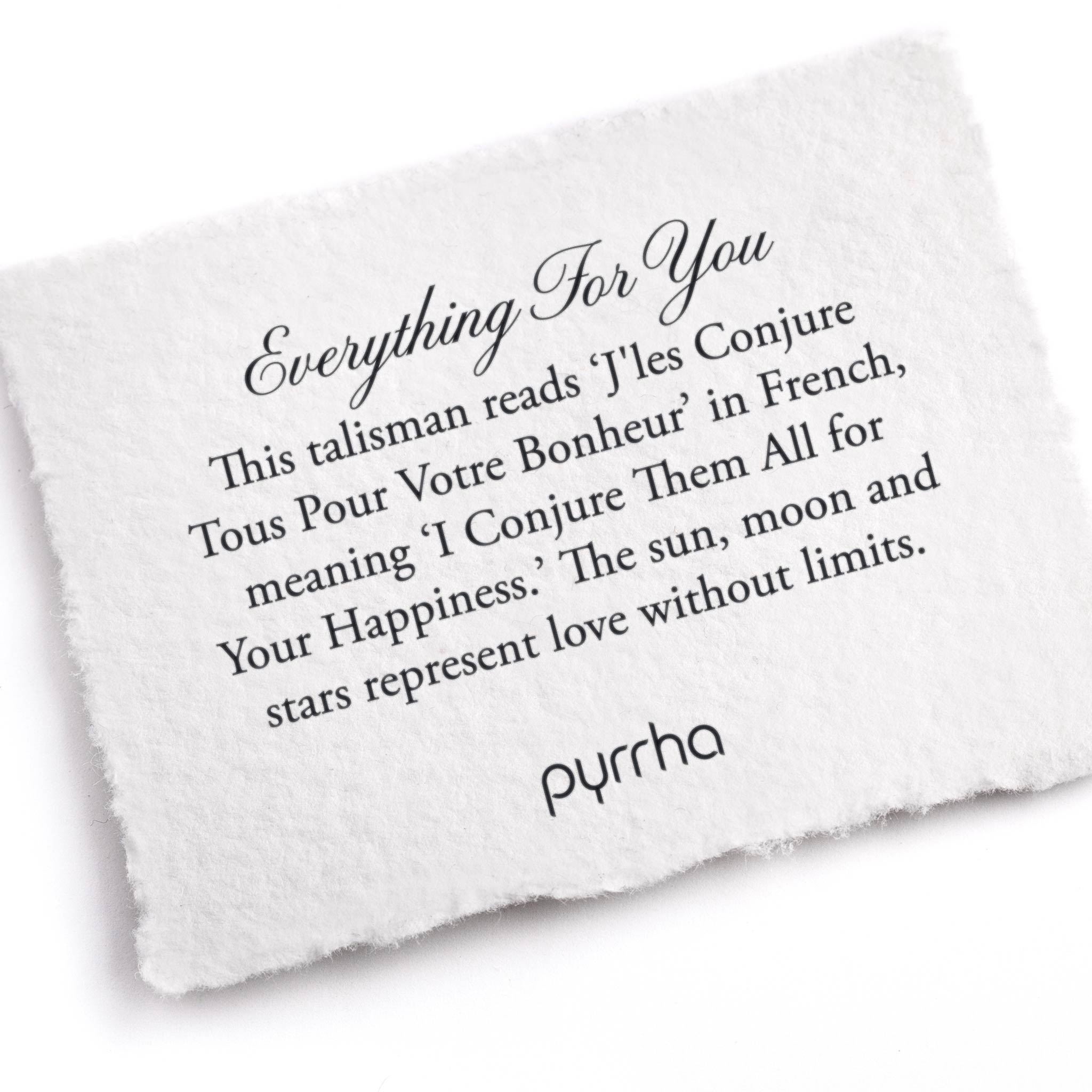 A hand-torn, letterpress printed card describing the meaning for Pyrrha's Everything For You Talisman