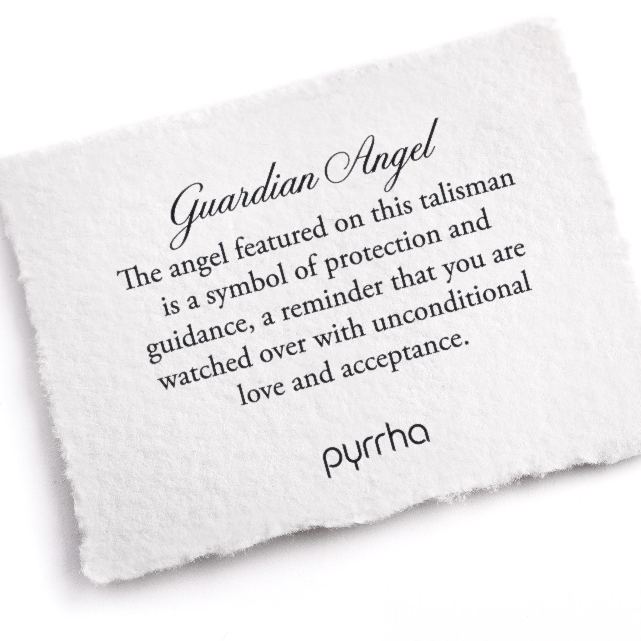 A hand-torn, letterpress printed card describing the meaning for Pyrrha's Guardian Angel Talisman