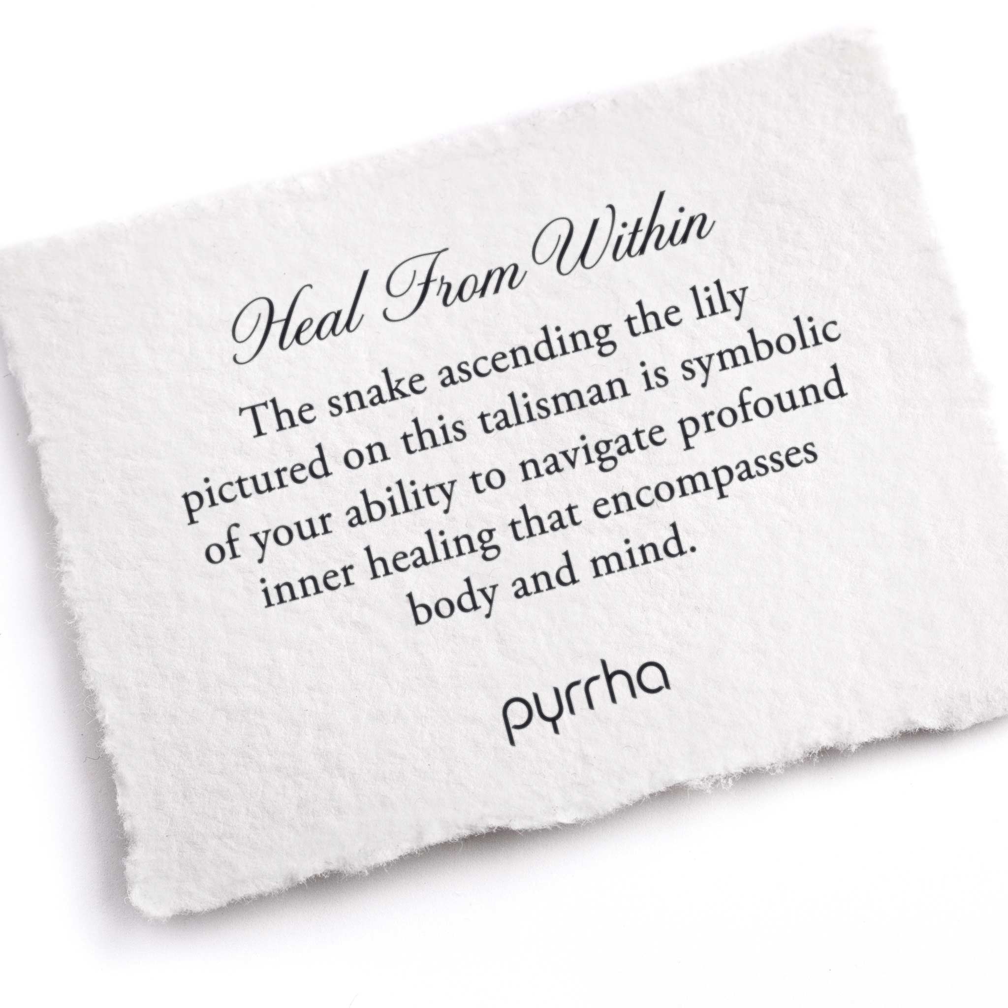 A hand-torn, letterpress printed card describing the meaning for Pyrrha's Heal From Within Talisman