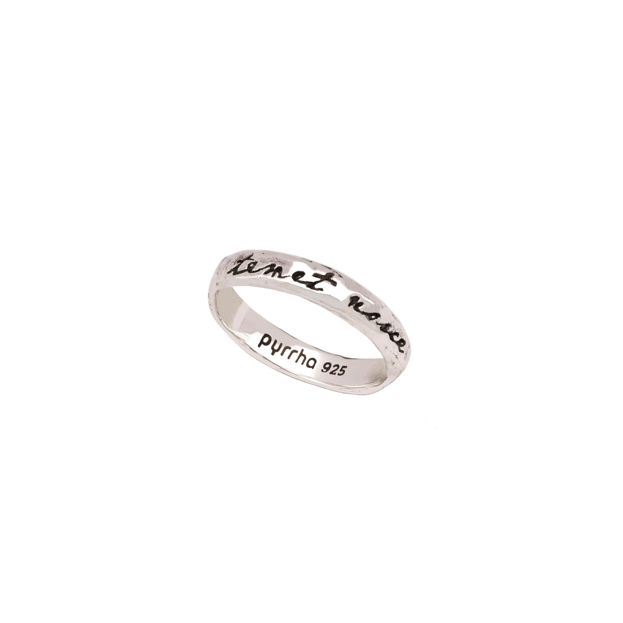 An engraved silver band ring representing those who know themselves