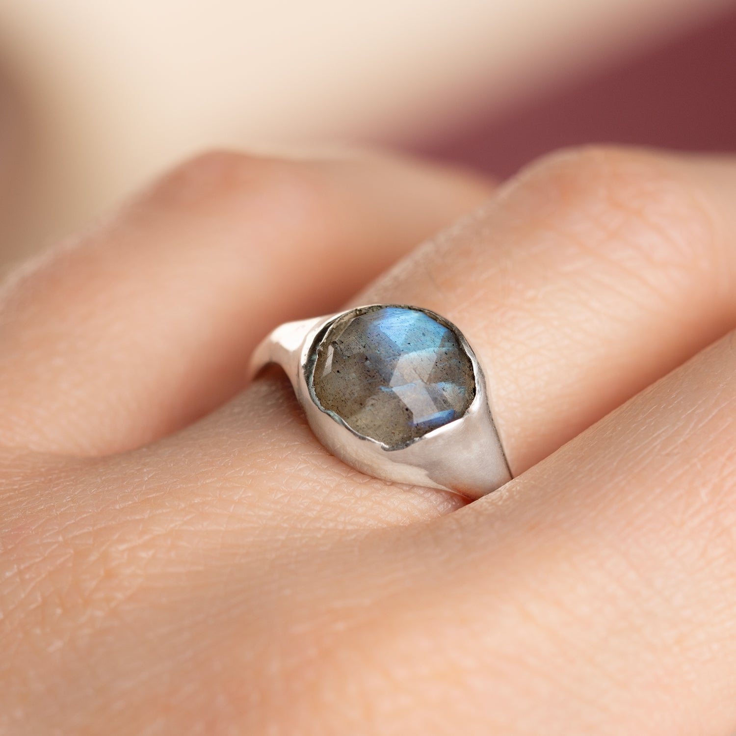 Labradorite Large Faceted Stone Set Signet Ring