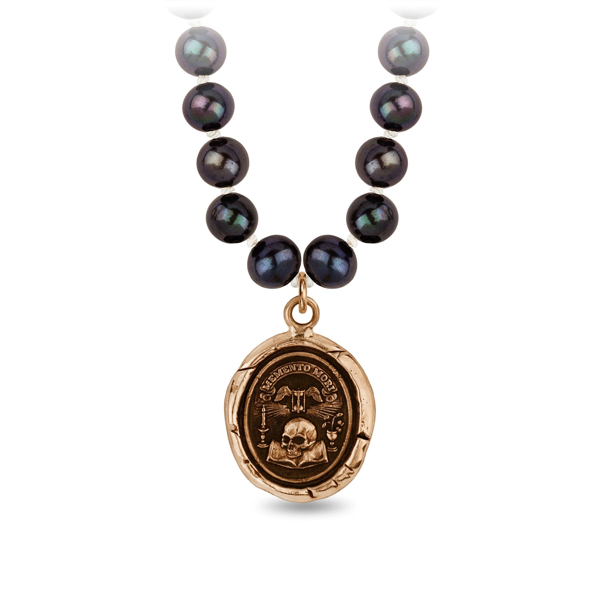 Memento Mori Freshwater Pearl Necklace - Peacock Black - Bronze