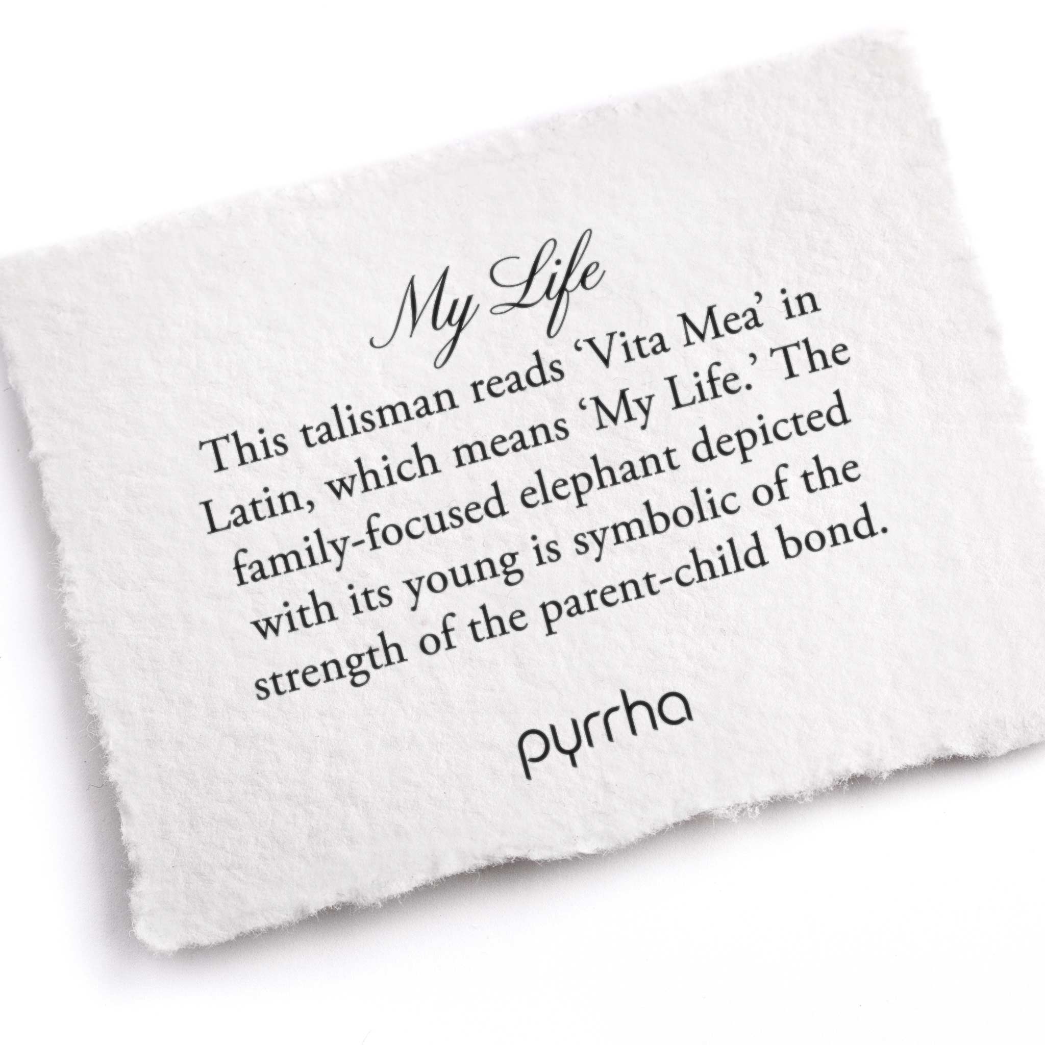 A hand-torn, letterpress printed card describing the meaning for Pyrrha's My Life Talisman