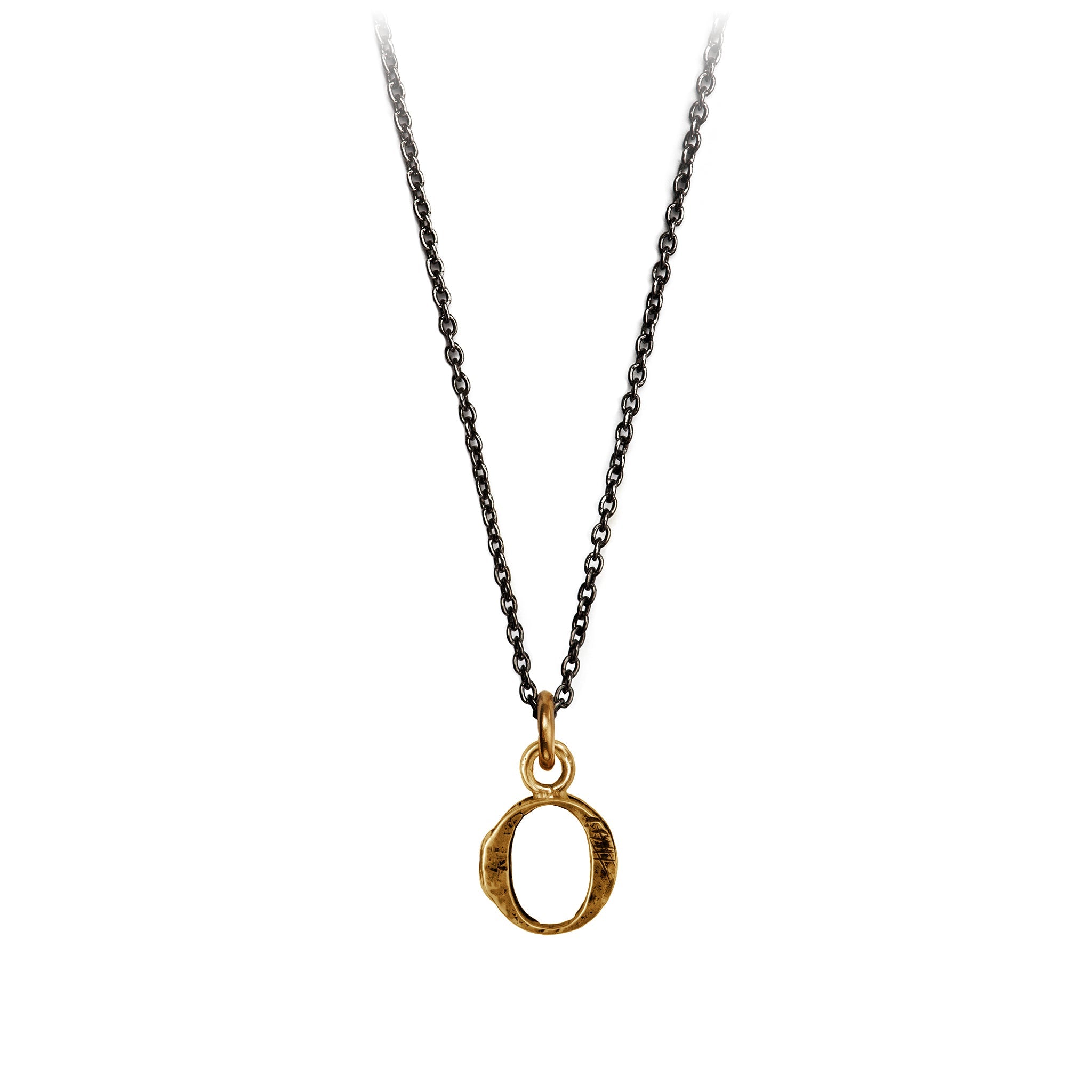 A bronze "O" charm on a blackened sterling silver chain.