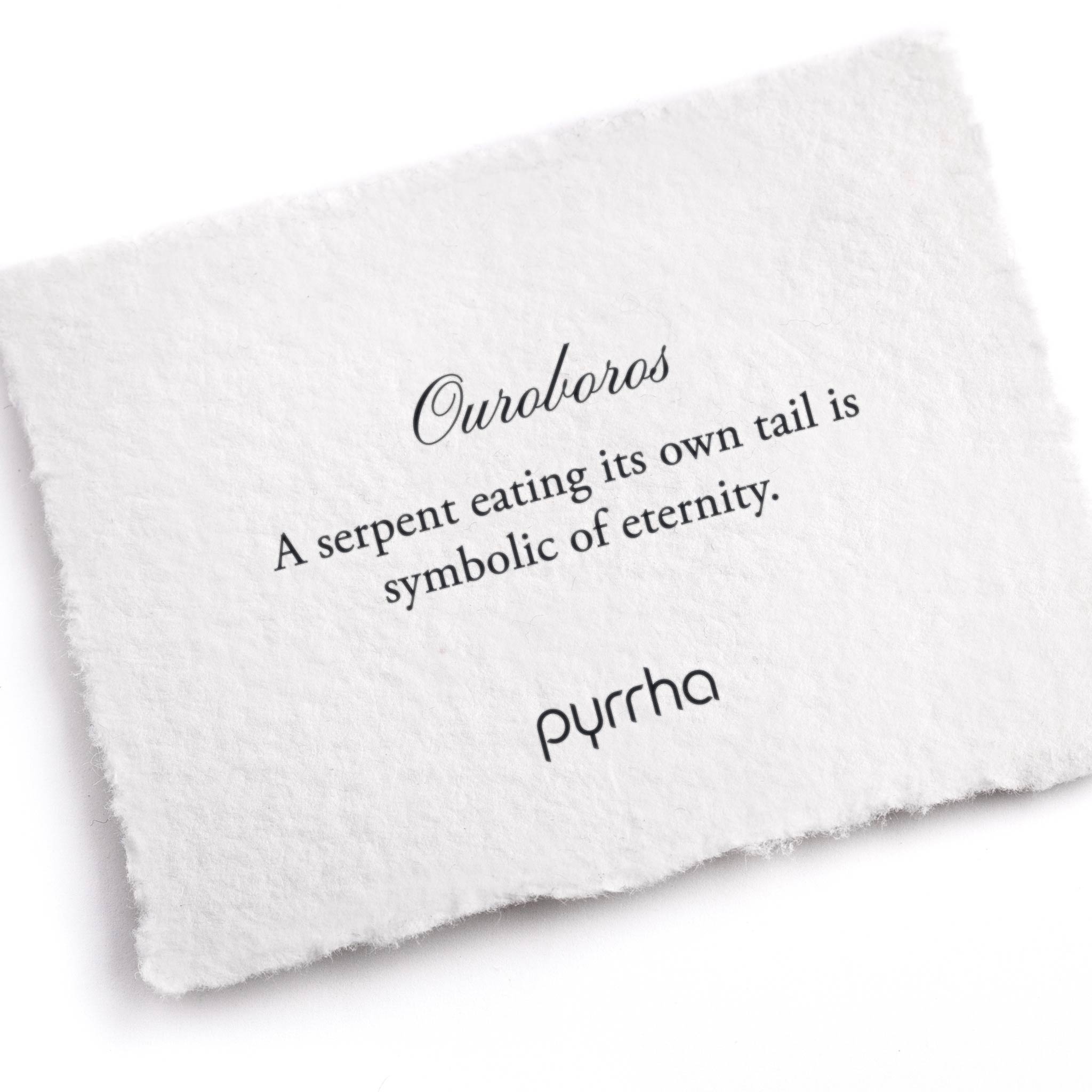 A hand-torn, letterpress printed card describing the meaning for Pyrrha's Ouroboros Symbol Charm