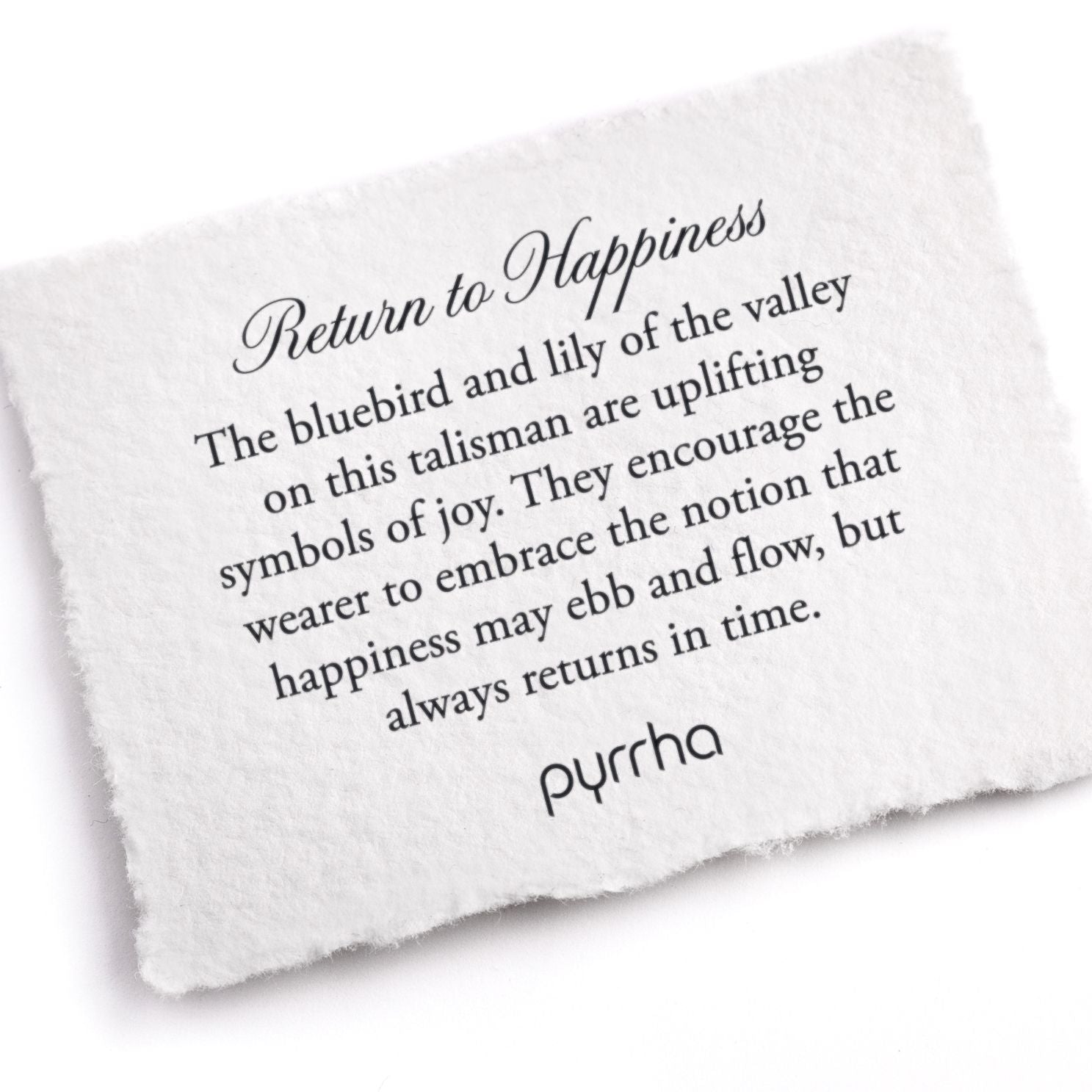 A hand-torn, letterpress printed card describing the meaning for Pyrrha's Return to Happiness Talisman