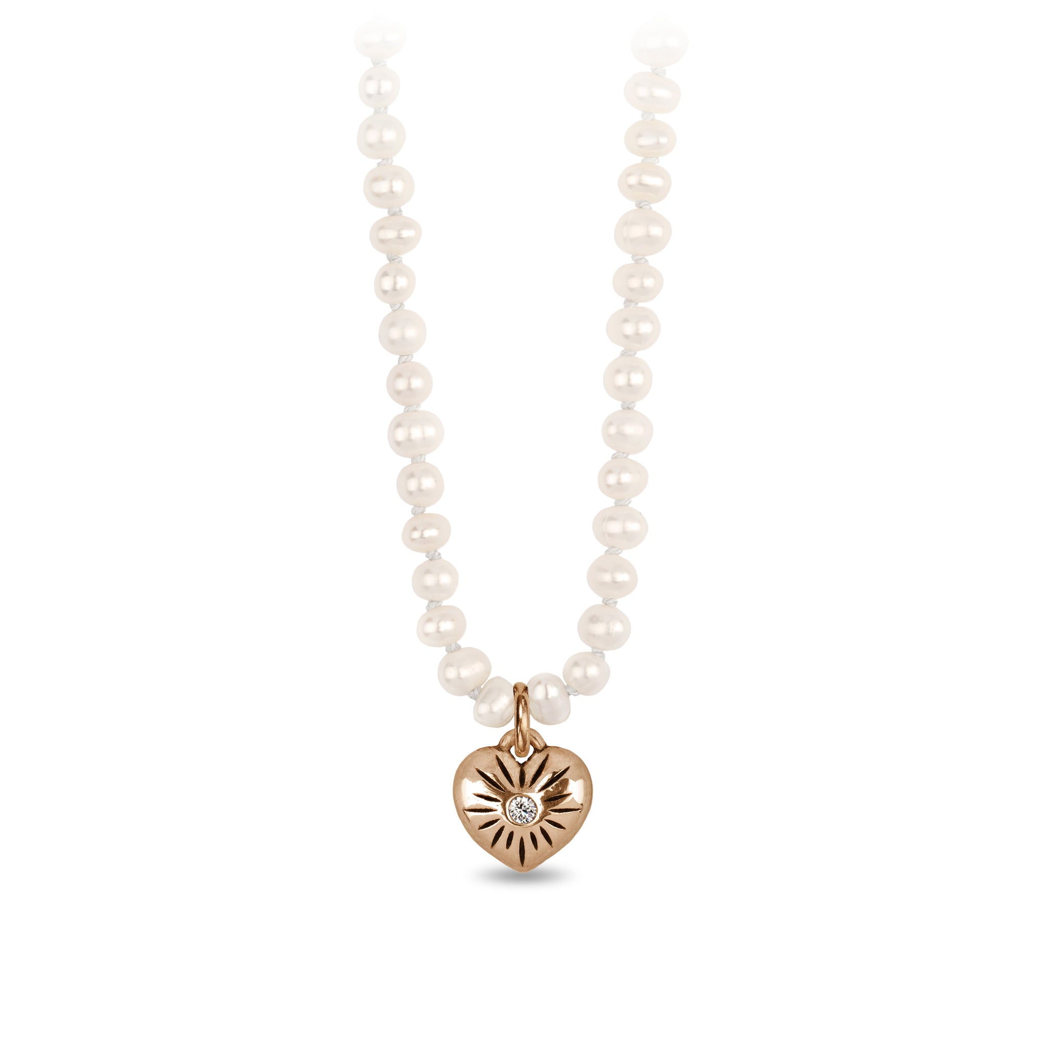 Small Puffed Heart Diamond Set Knotted Freshwater Pearl Necklace