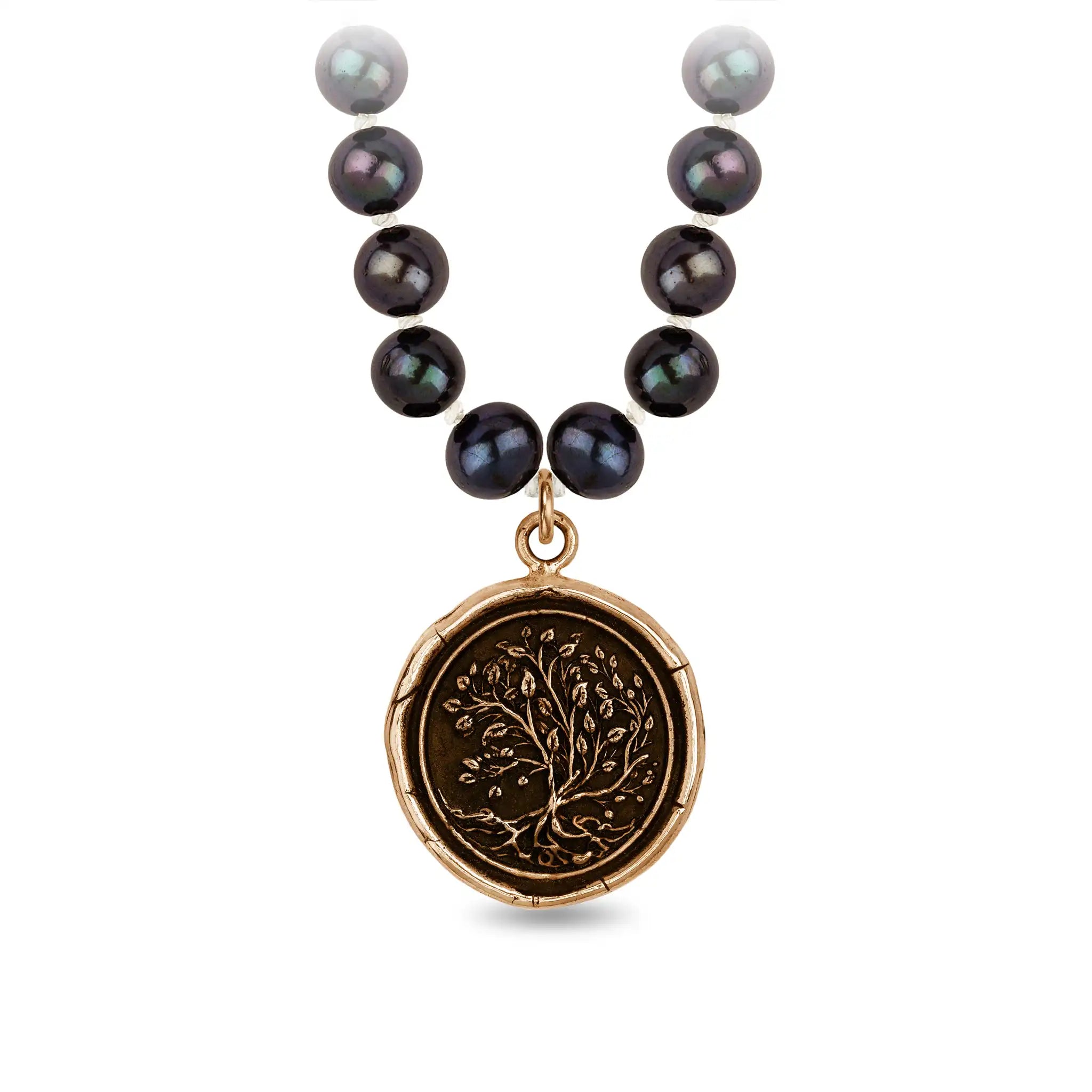 Tree of Life Freshwater Pearl Necklace - Peacock Black - Bronze
