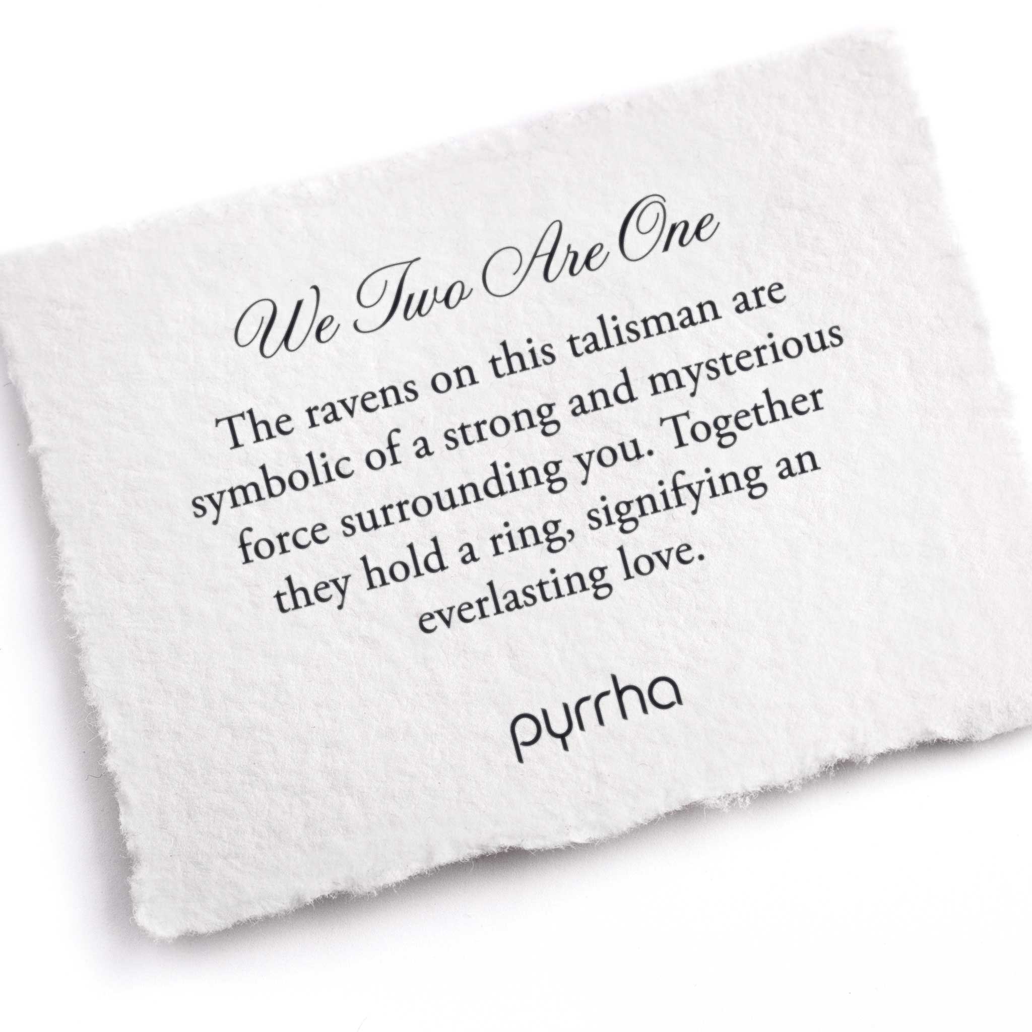 A hand-torn, letterpress printed card describing the meaning for Pyrrha's We Two Are One Talisman