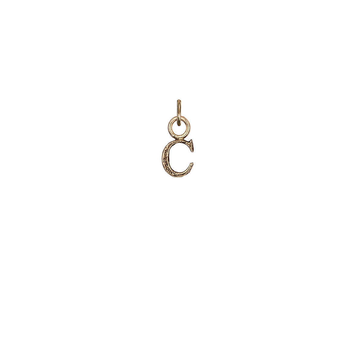 A 14k gold charm in the shape of the letter "C".