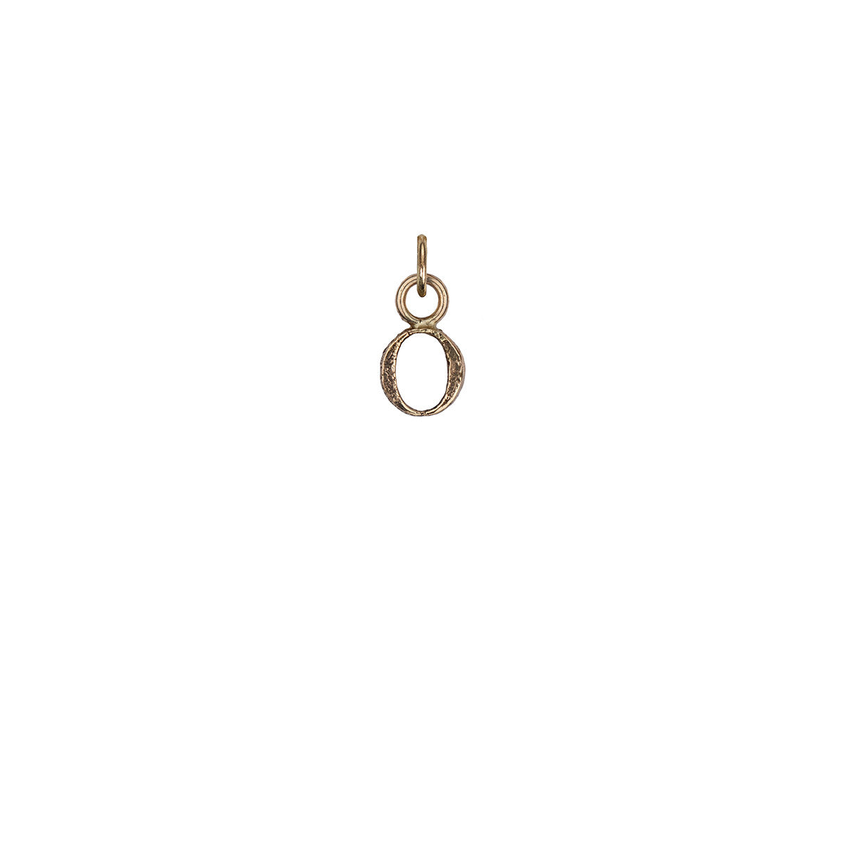 A 14k gold charm in the shape of the letter "O".