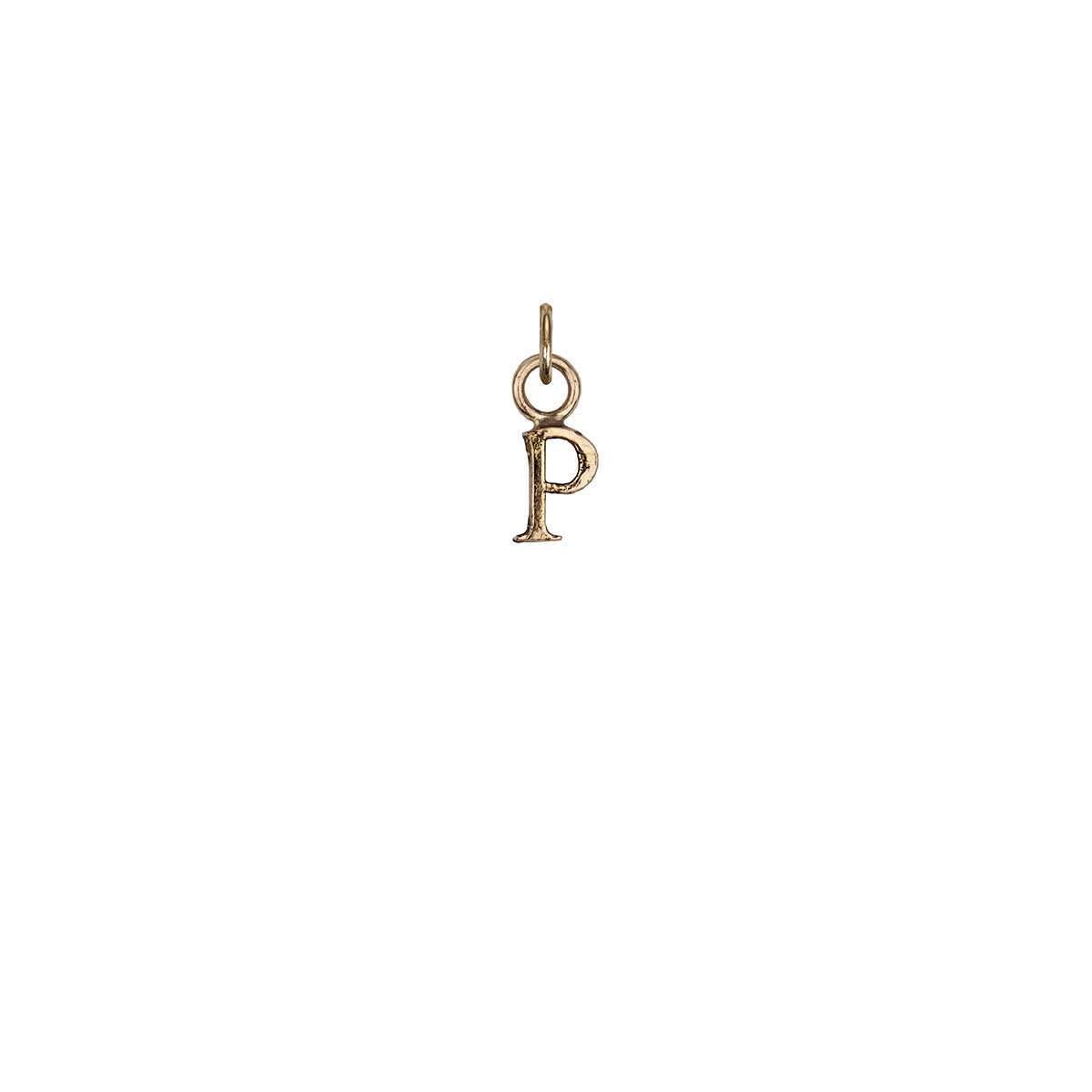 A 14k gold charm in the shape of the letter "P".