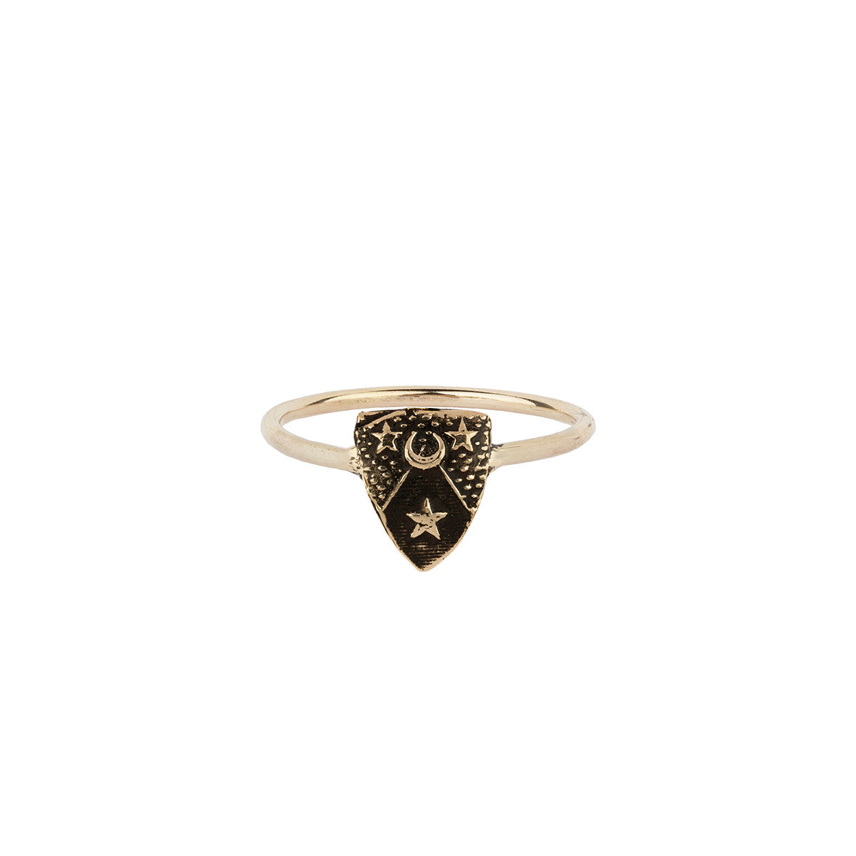 A 14k gold band ring with our gold Moon and Stars mini talisman.