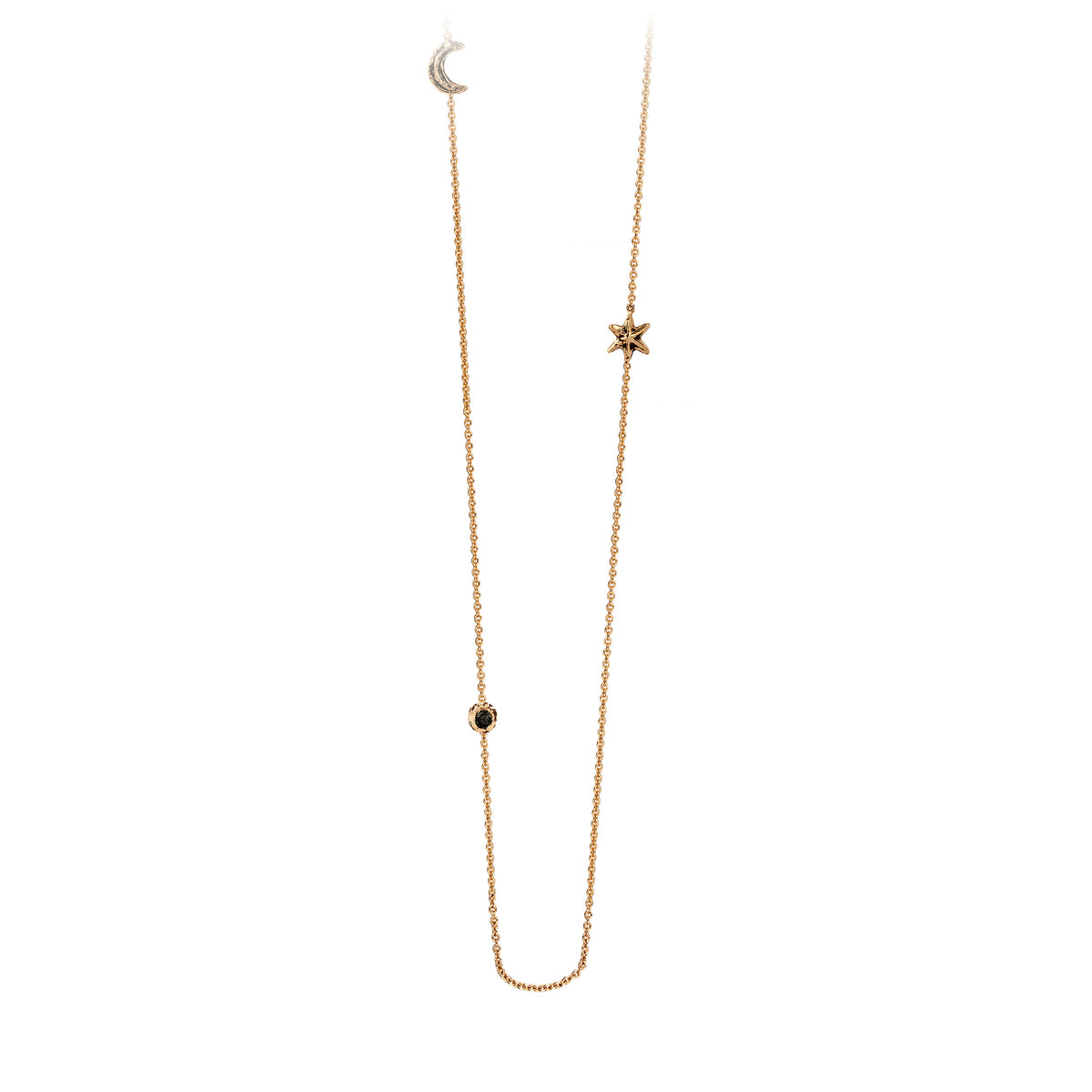 Pyrrha Moon, Star & Stone Set 14K Gold Black Diamond Station Necklace