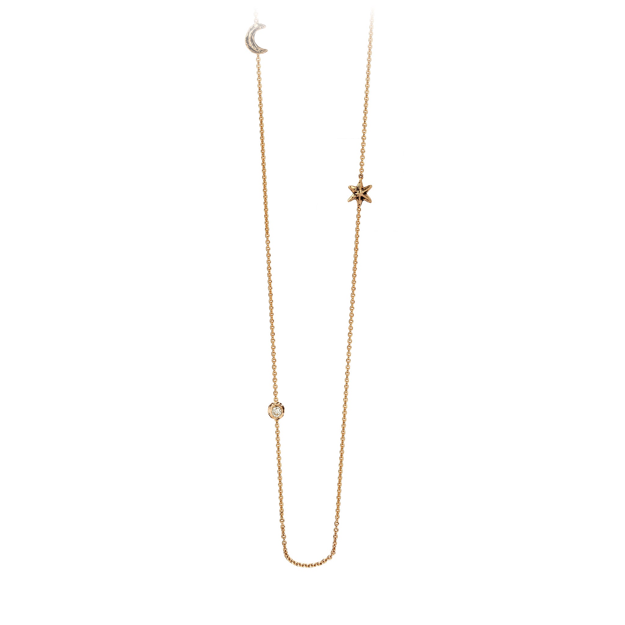 Pyrrha Moon, Star & Stone Set 14K Gold White Diamond Station Necklace