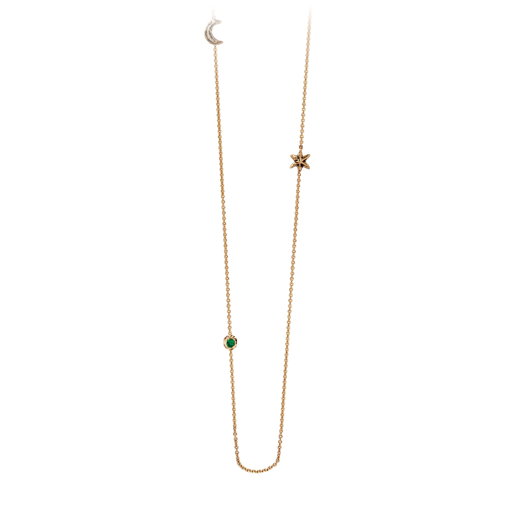 Pyrrha Moon, Star & Stone Set 14K Gold Emerald Station Necklace