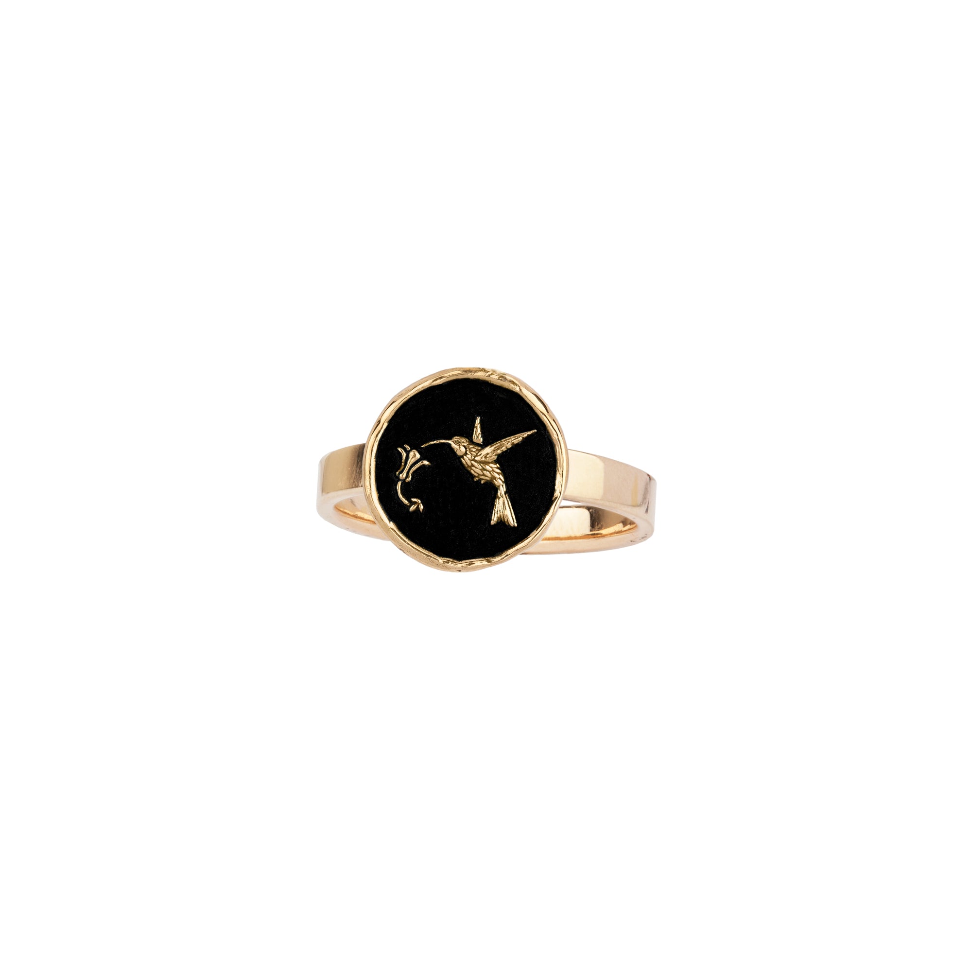 A 14k gold ring with our Hummingbird talisman on the band.