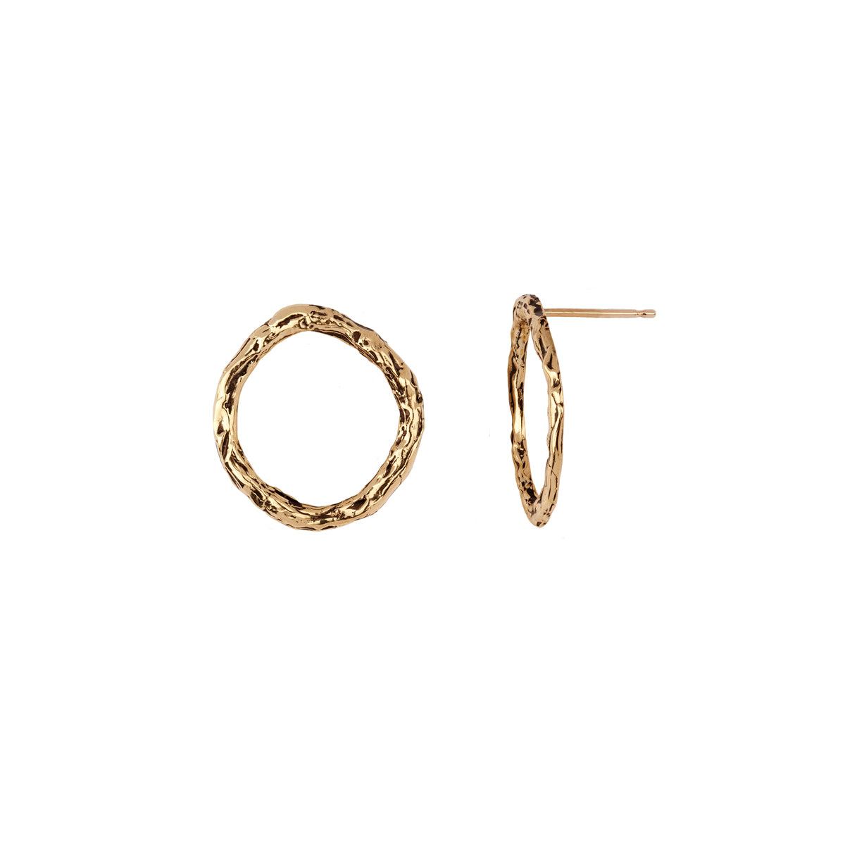 A set of small 14k gold stud earrings with an open circle design.