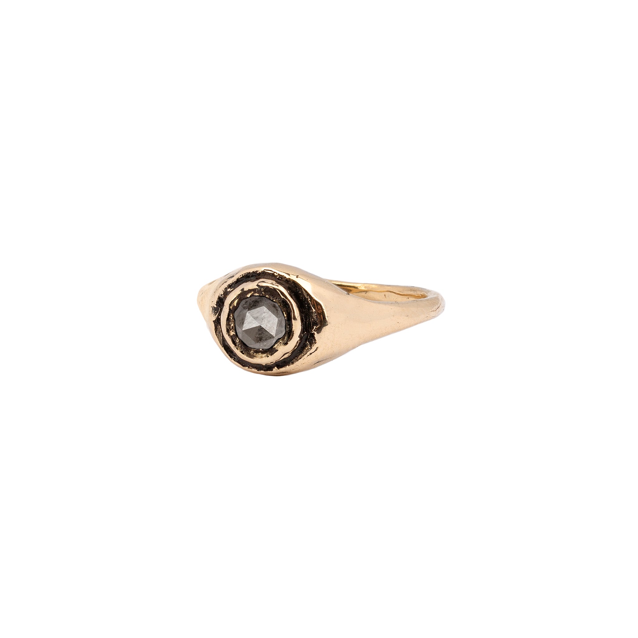 A 14k gold signet ring set with a grey diamond.