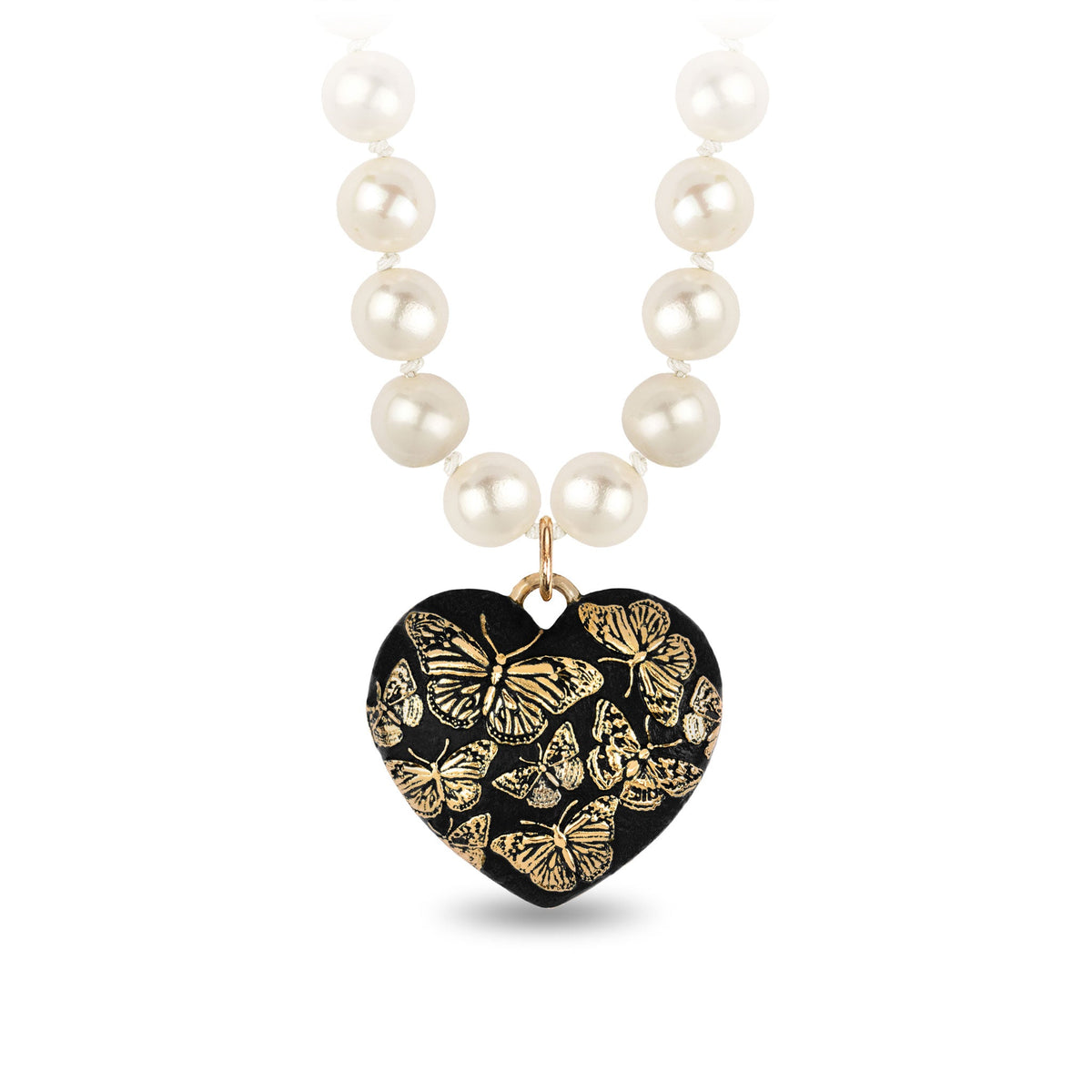 Butterfly 14K Gold Large Puffed Heart Talisman On Knotted Freshwater Pearl Necklace