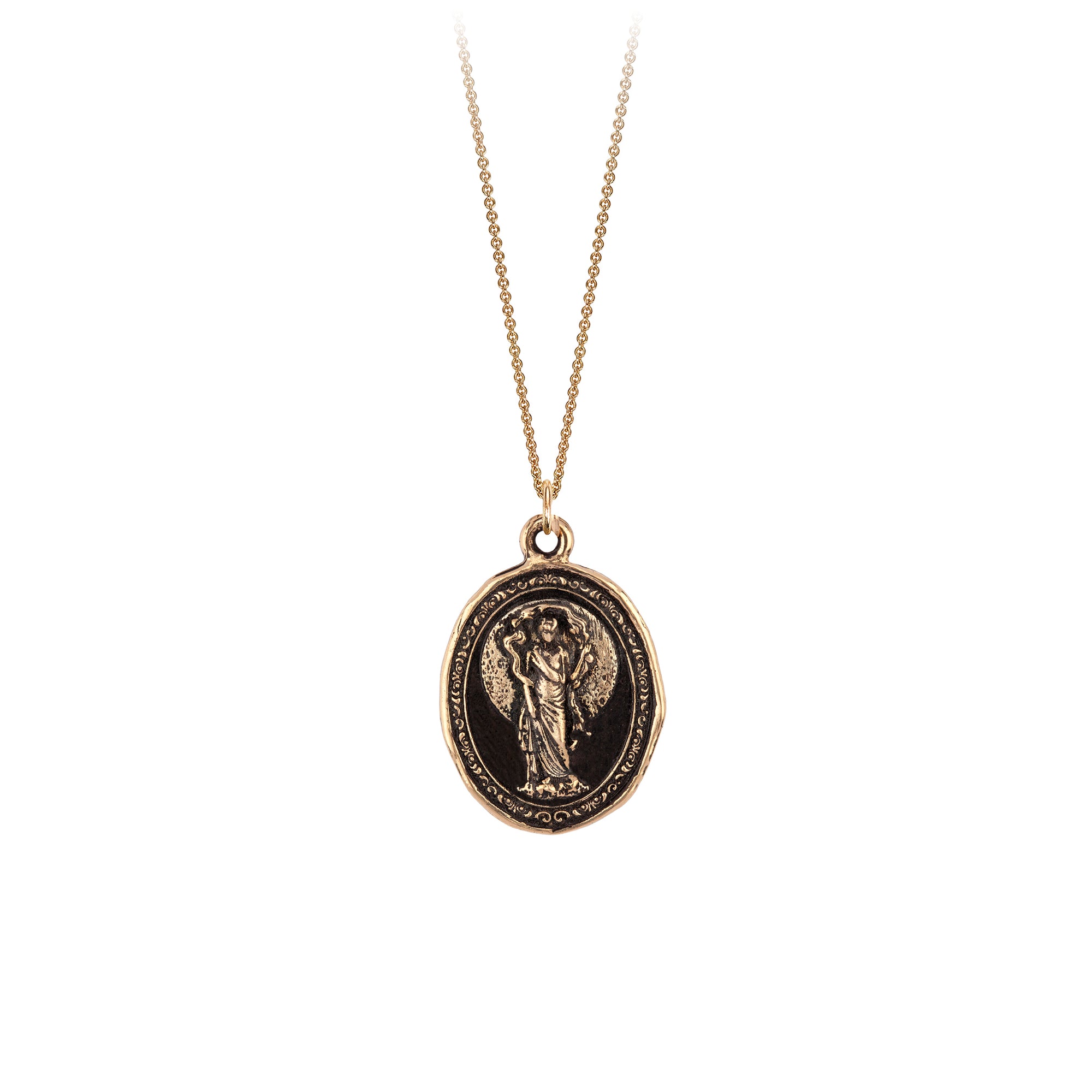 A 14k gold chain featuring our 14k gold Selene goddess talisman.