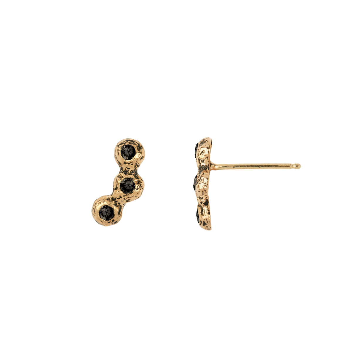 A set of 14k gold stud earrings set with three black diamonds.