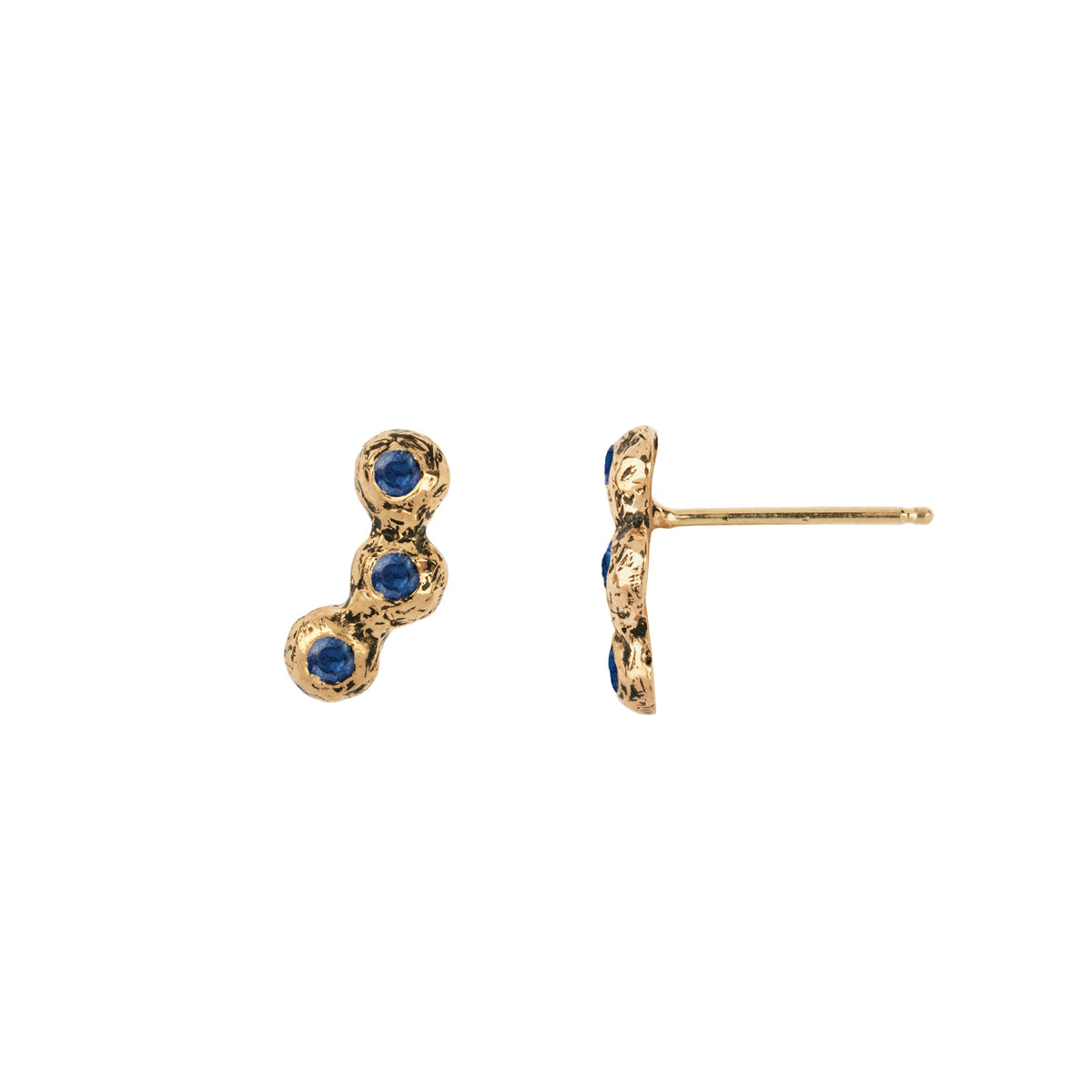 A set of 14k gold stud earrings set with three sapphires.