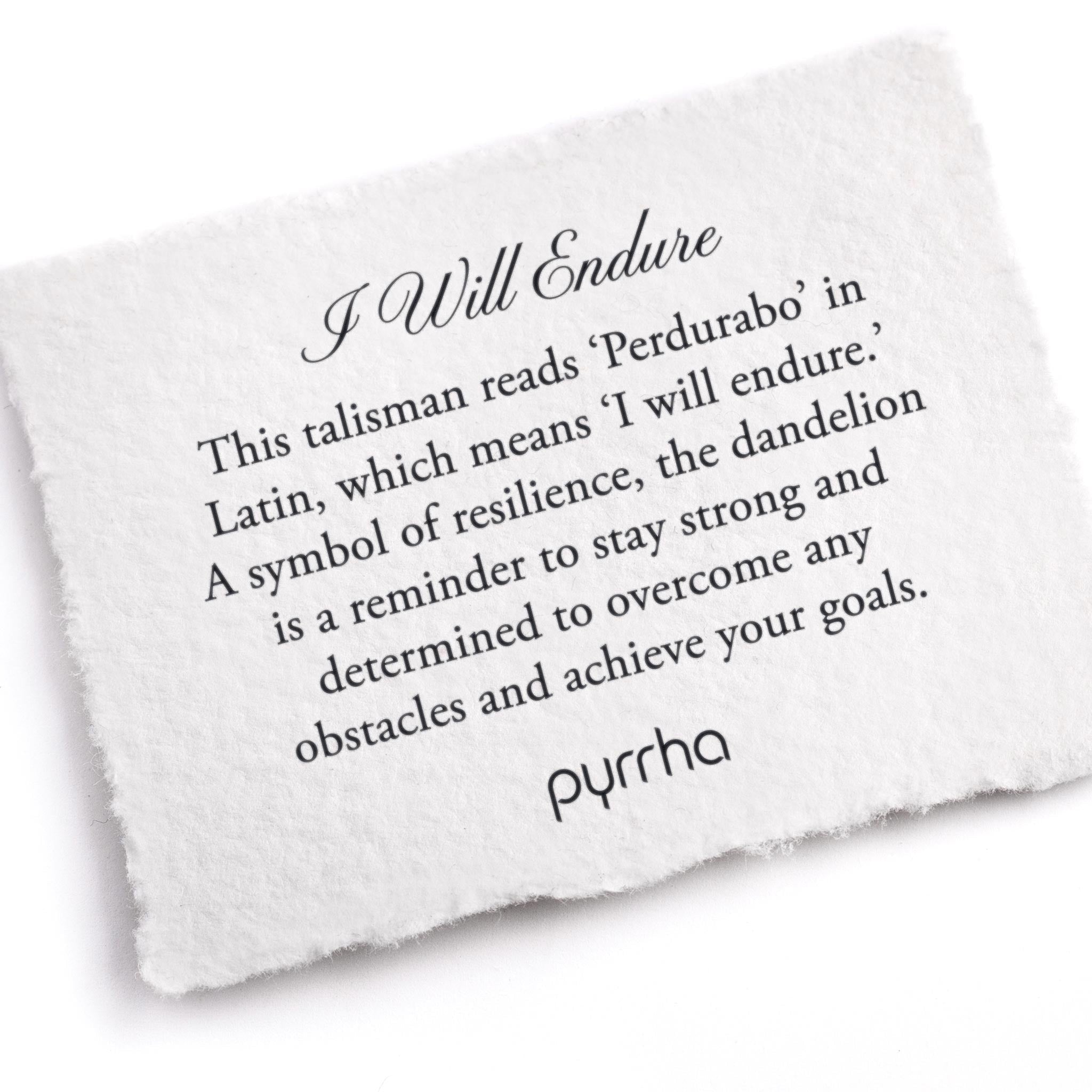 A hand-torn, letterpress printed card describing the meaning for Pyrrha's I Will Endure Talisman