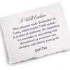 A hand-torn, letterpress printed card describing the meaning for Pyrrha's I Will Endure 14K Gold Talisman