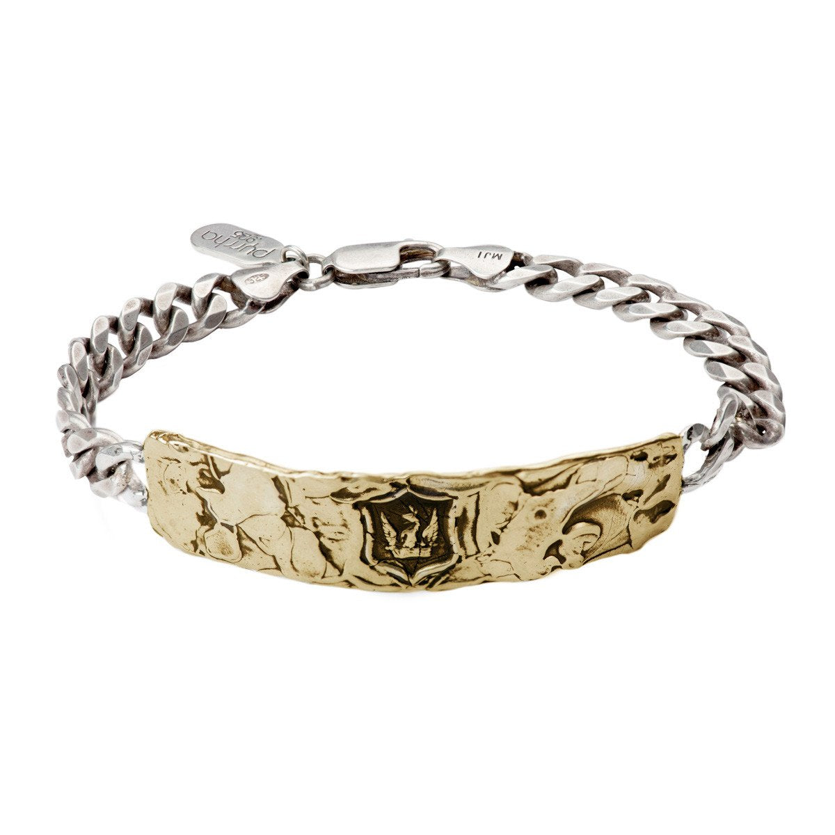 A silver chain bracelet with a hard bronze band featuring a Bravery and Protection talisman.