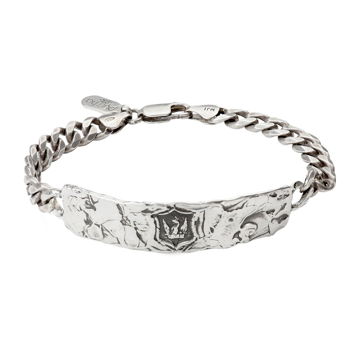A silver chain bracelet with a hard sterling silver band featuring a Bravery and Protection talisman.