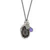 A signature sterling silver attraction charm capped with an amethyst stone hanging from a silver chain.