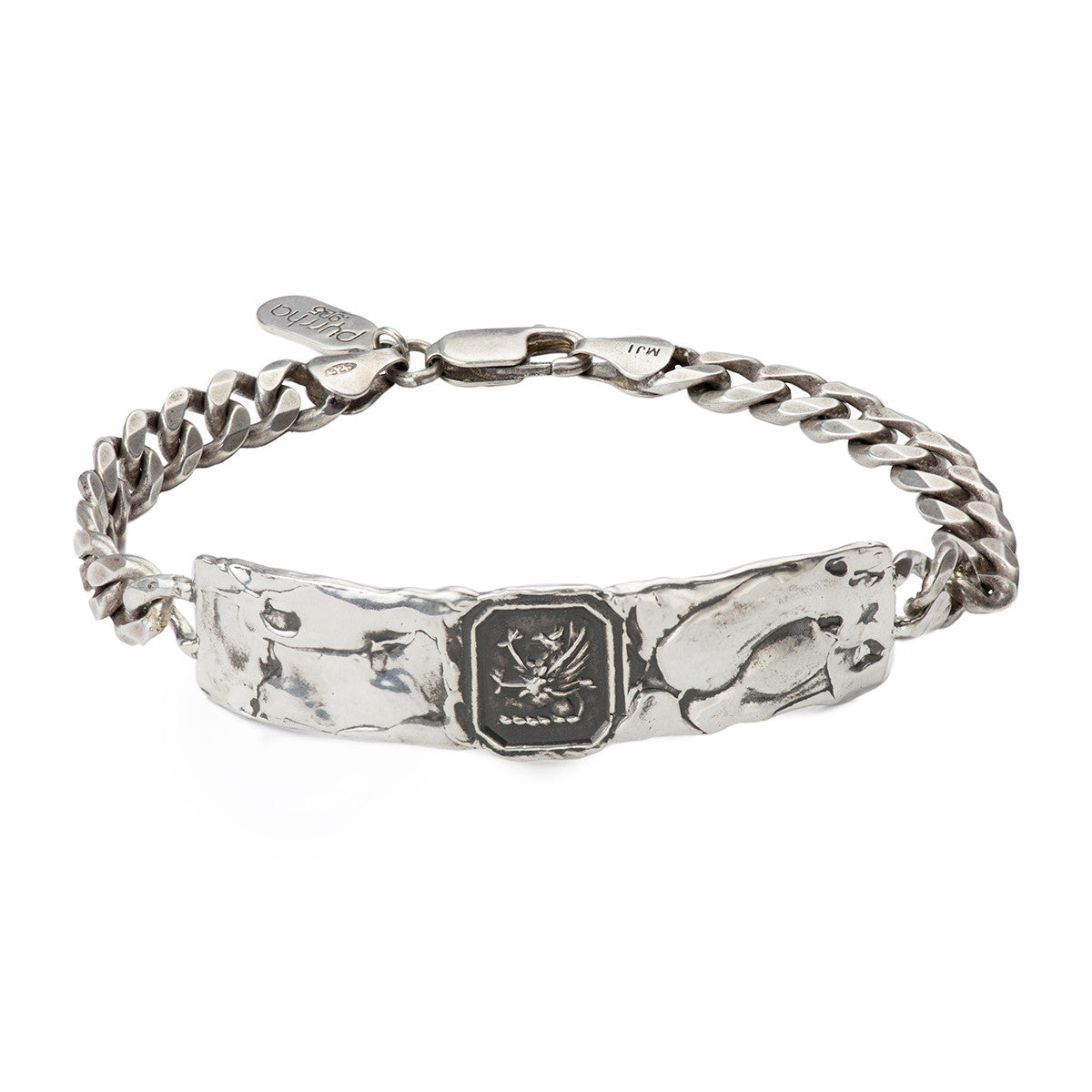 A silver chain bracelet with a hard sterling silver band featuring our Success symbol.