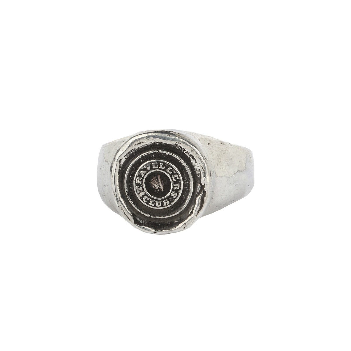 A sterling silver signet ring with our silver Safe Travels talisman.