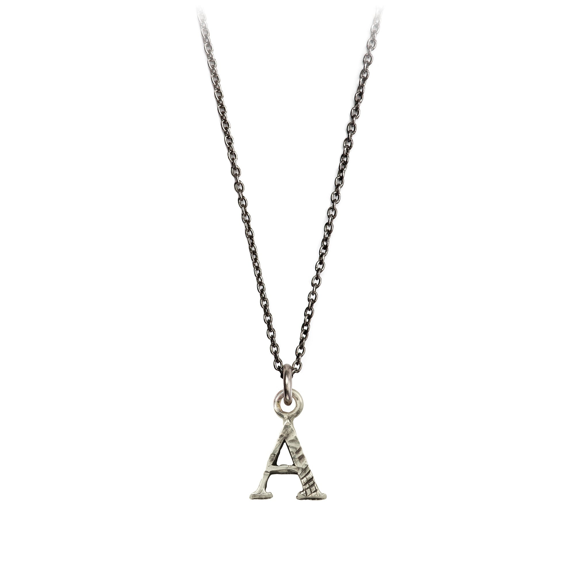 A sterling silver letter "A" charm on a silver chain.