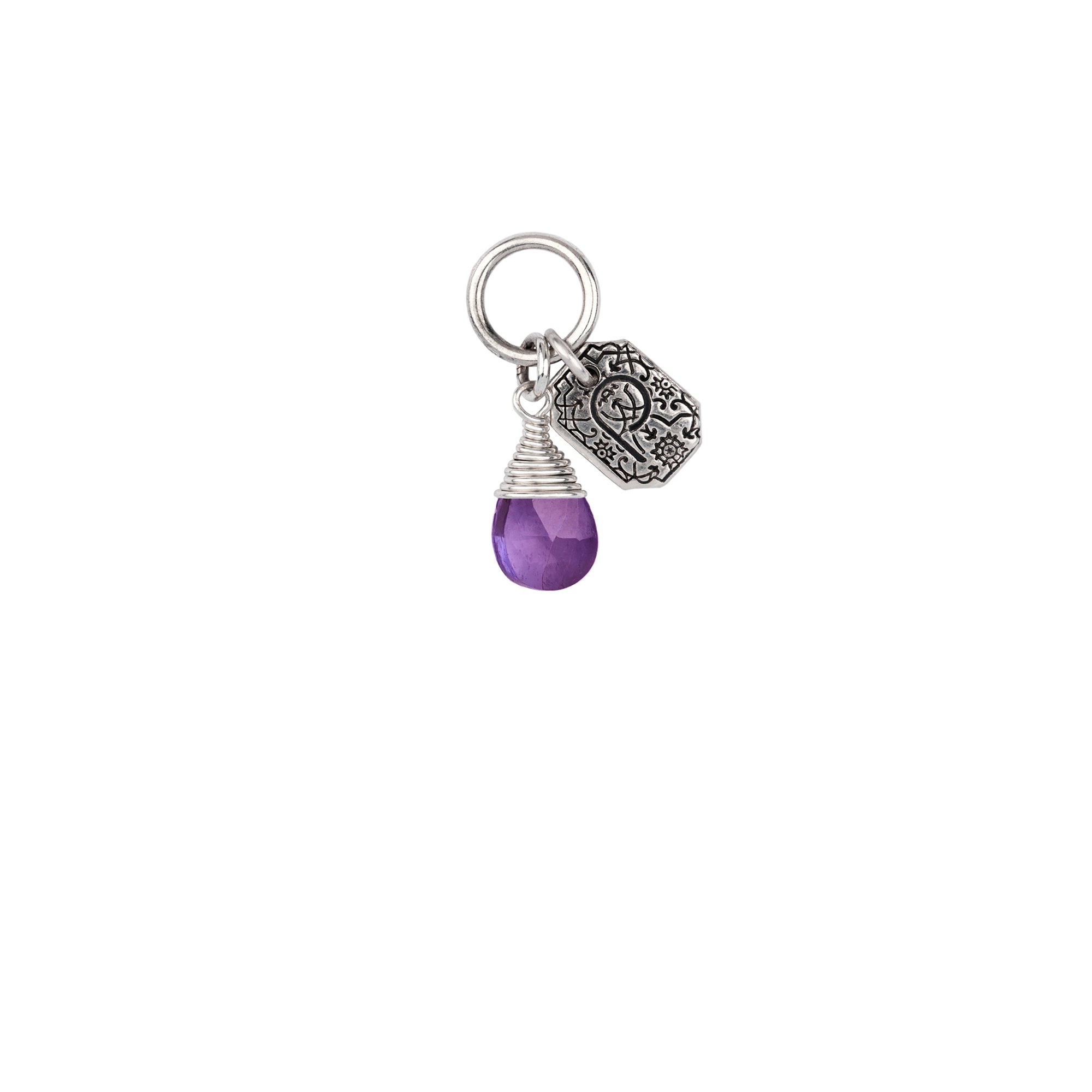 A signature sterling silver attraction charm capped with an amethyst stone.