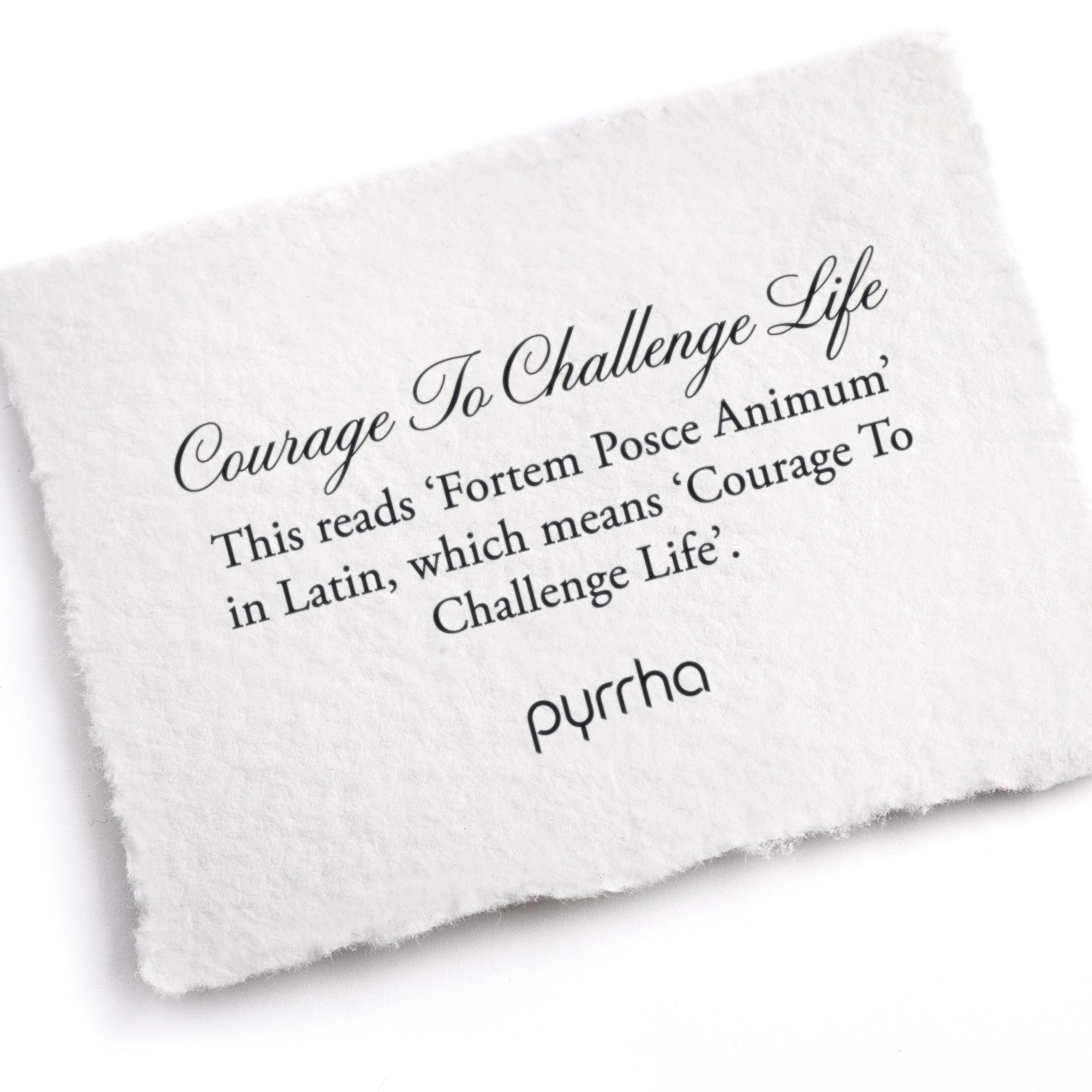 A hand-torn, letterpress printed card describing the meaning for Pyrrha's Courage To Challenge Life Ring
