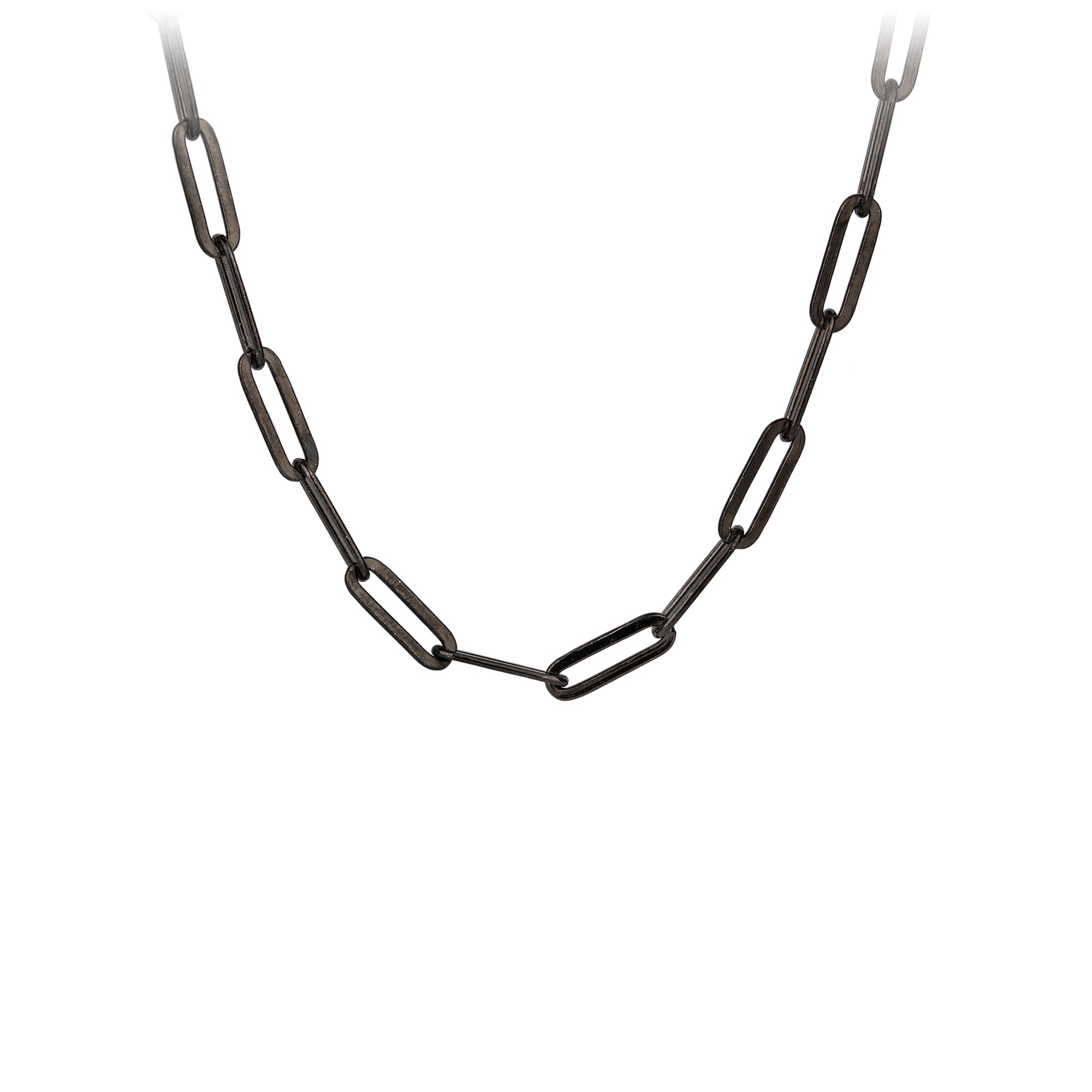 A sterling silver chain with large blackened paperclip links