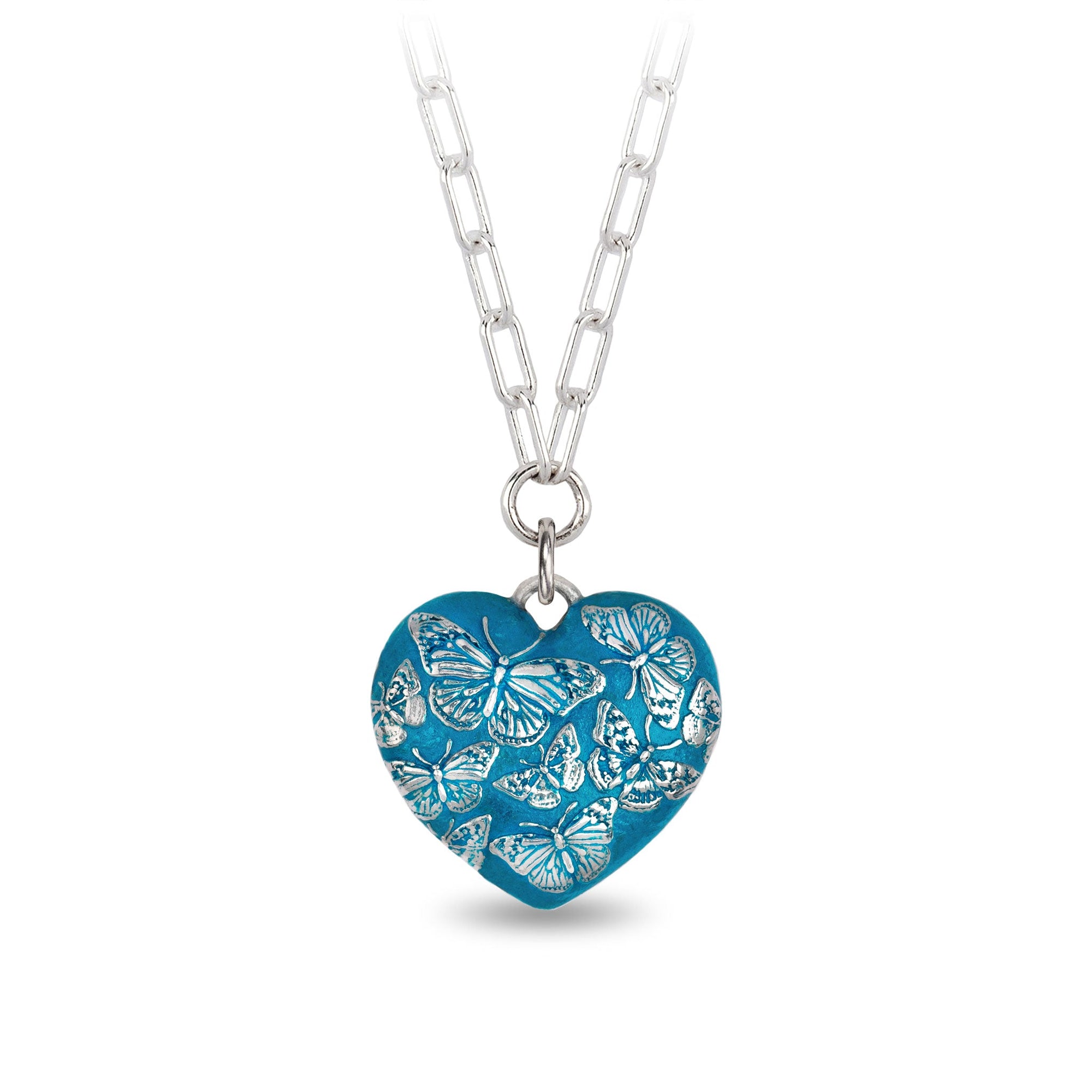 Butterfly Large Puffed Heart Small Paperclip Chain Necklace - Capri Blue
