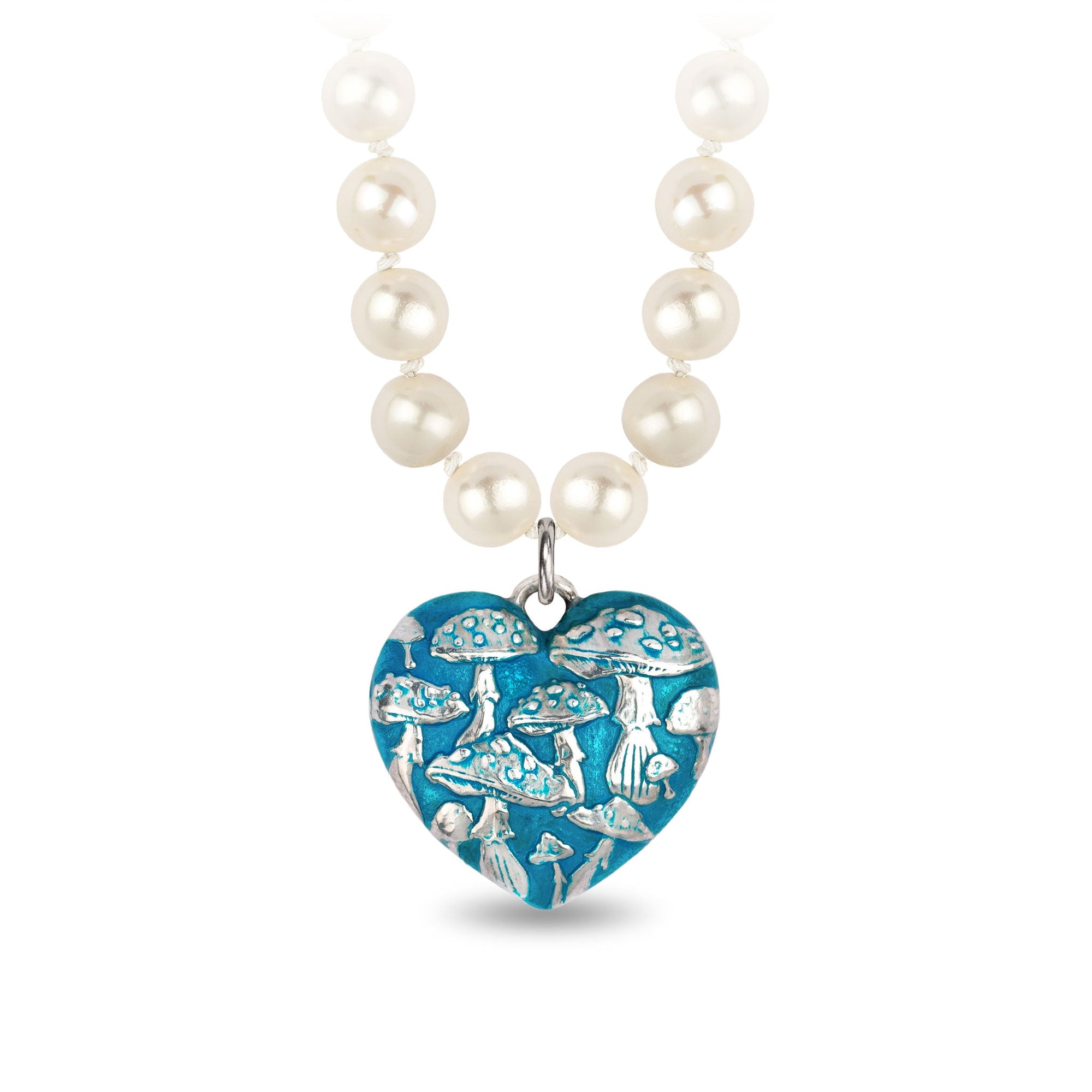 Mushroom Large Puffed Heart Knotted Freshwater Pearl Necklace - Capri Blue