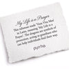 A hand-torn, letterpress printed card describing the meaning for Pyrrha's My Life is a Prayer Talisman Necklace