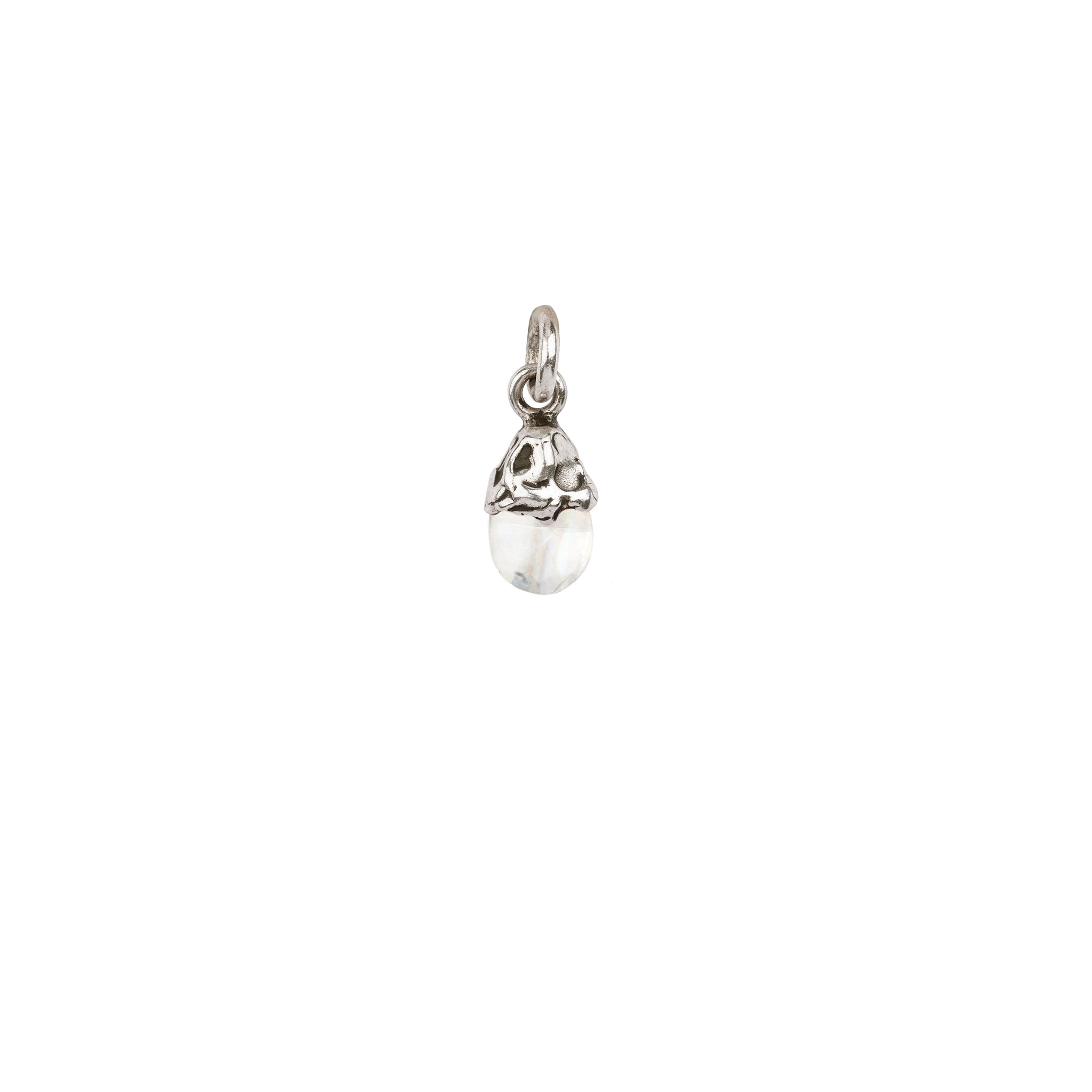 A sterling silver attraction charm capped with a white moonstone that represents improvement.