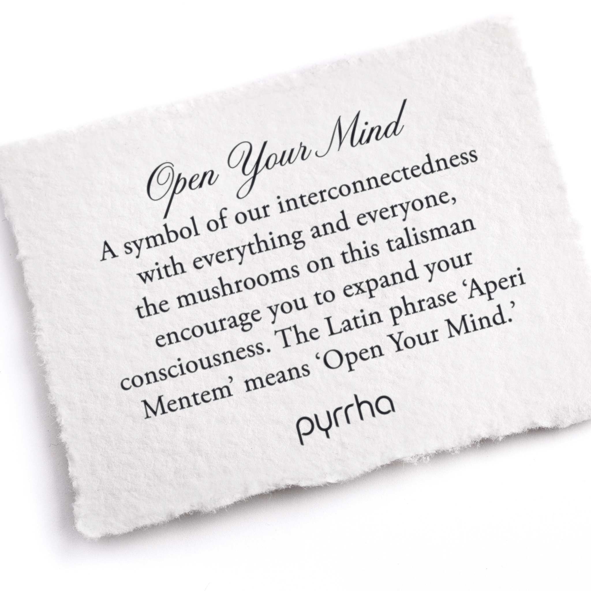 A hand-torn, letterpress printed card describing the meaning for Pyrrha's Open Your Mind Talisman