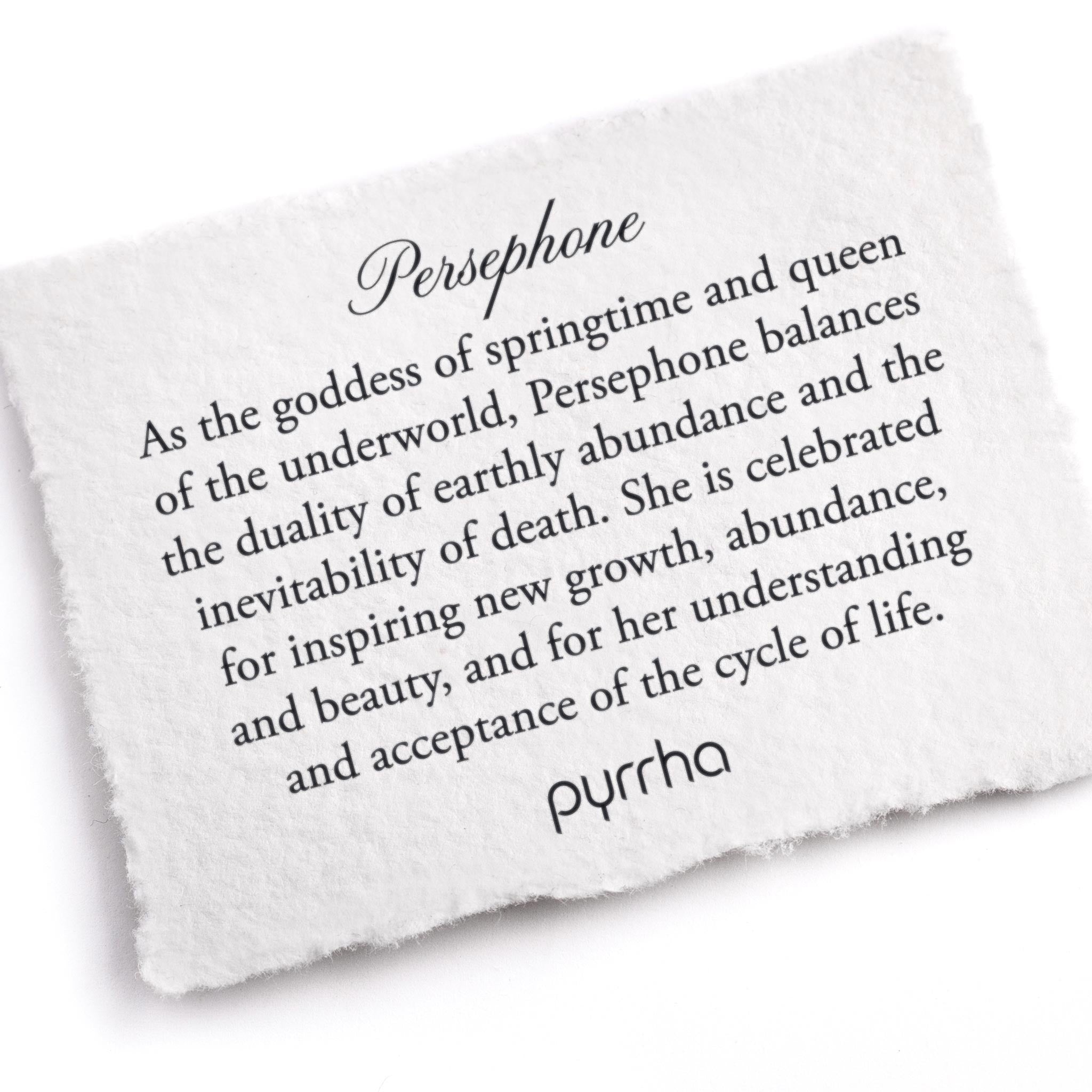 A hand-torn, letterpress printed card describing the meaning for Pyrrha's Persephone Goddess Talisman